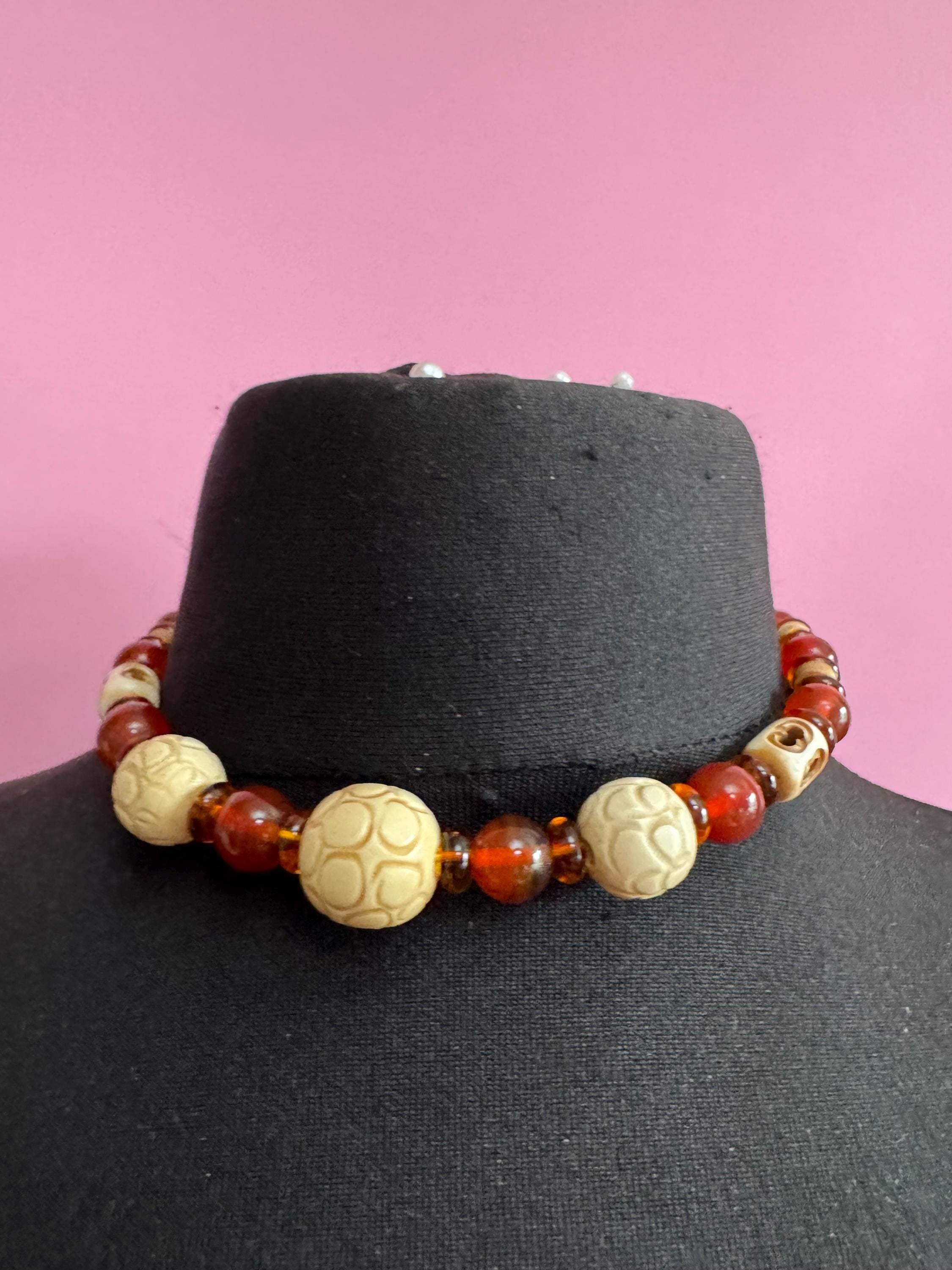 antique Louis rousselet brown cream beaded collar necklace , uv reactive