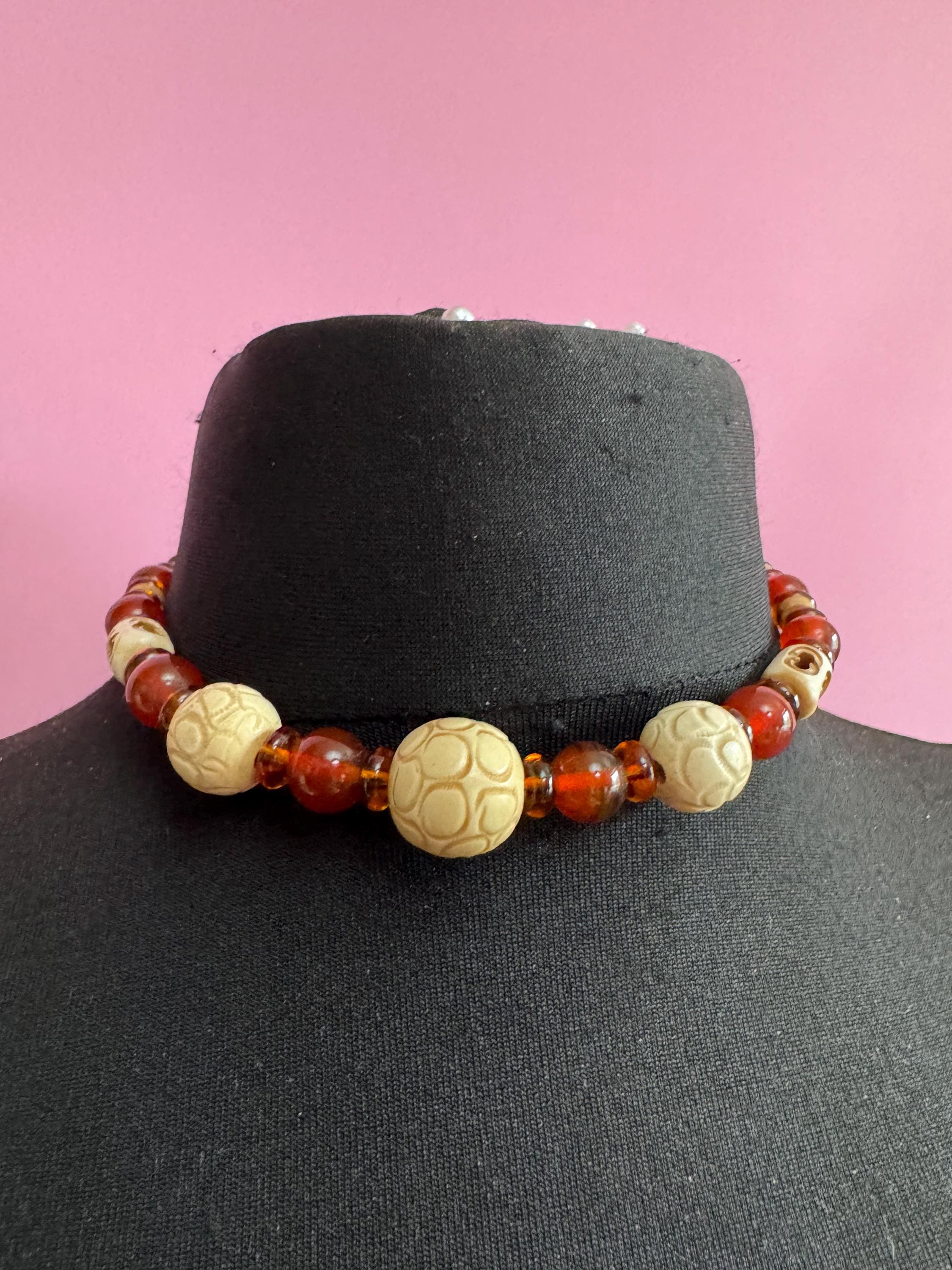 antique Louis rousselet brown cream beaded collar necklace , uv reactive