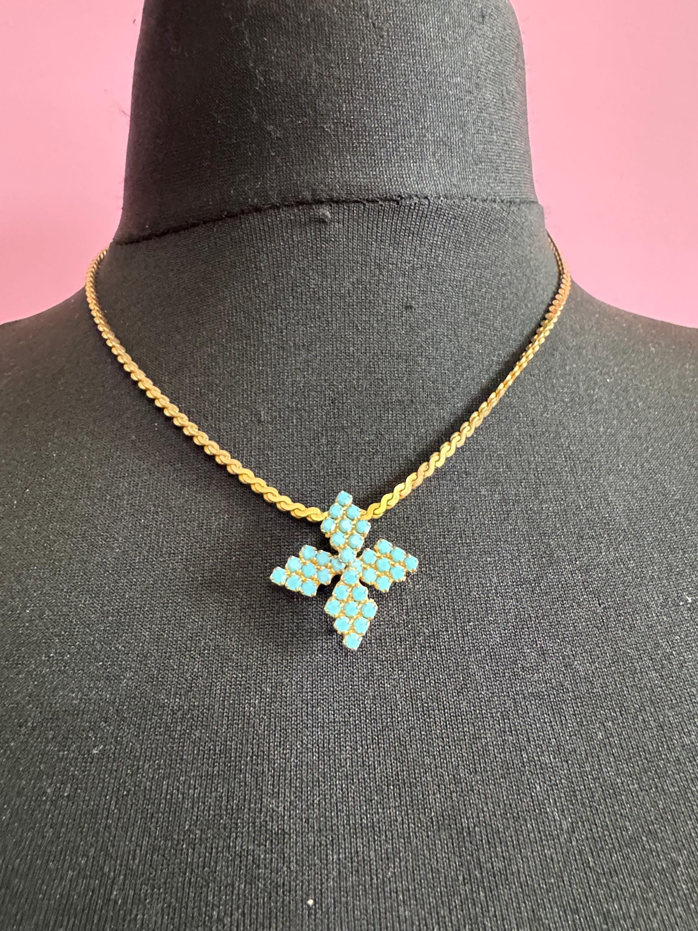 Vintage 1960s Serpentine Lariat Necklace, Gold Tone & Turquoise Cabochon