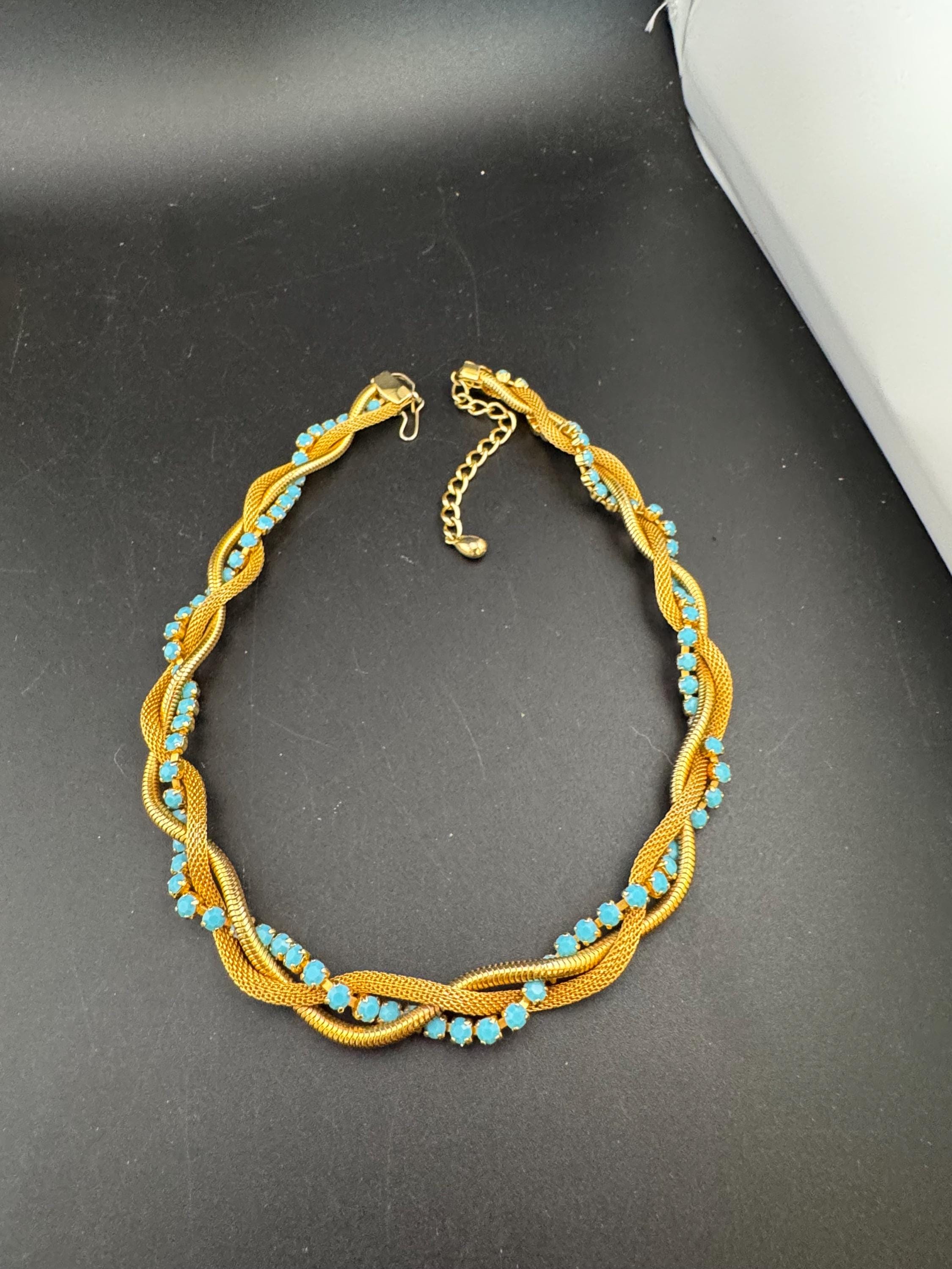 Vintage 1960s gold mesh twisted choker necklace with turquoise glass stones,
