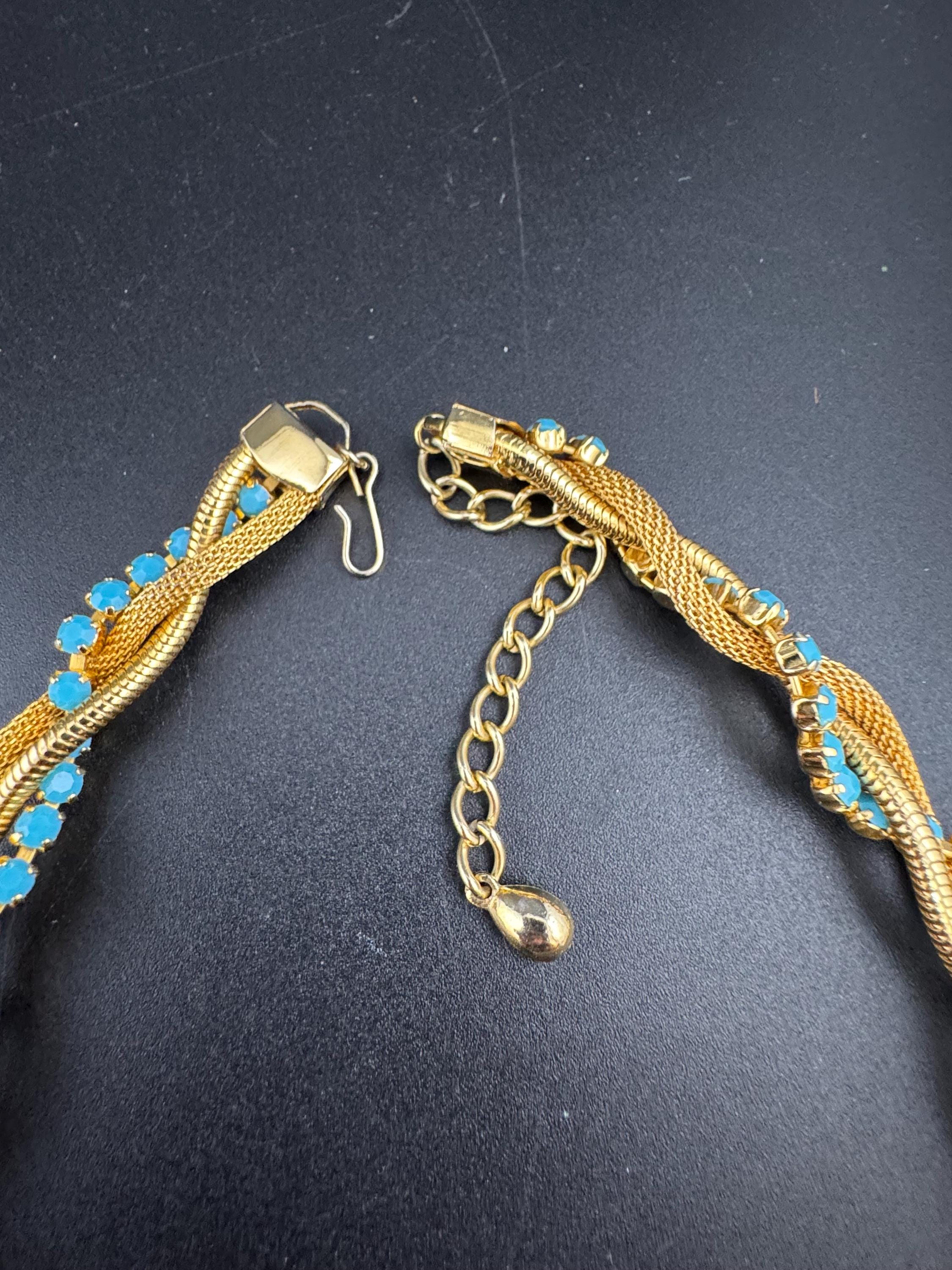 Vintage 1960s gold mesh twisted choker necklace with turquoise glass stones,