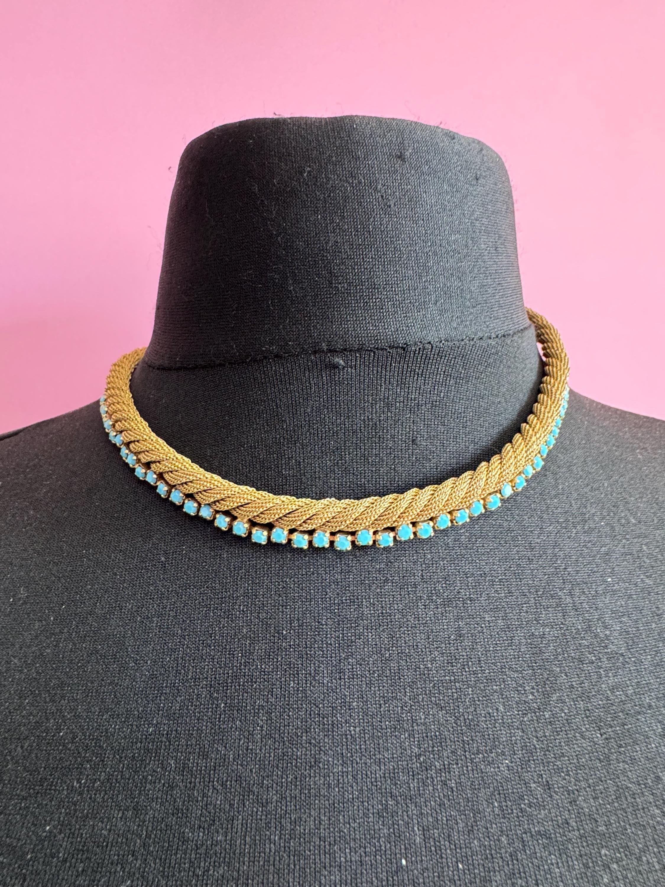 Vintage 1960s gold mesh twisted choker necklace with turquoise stones