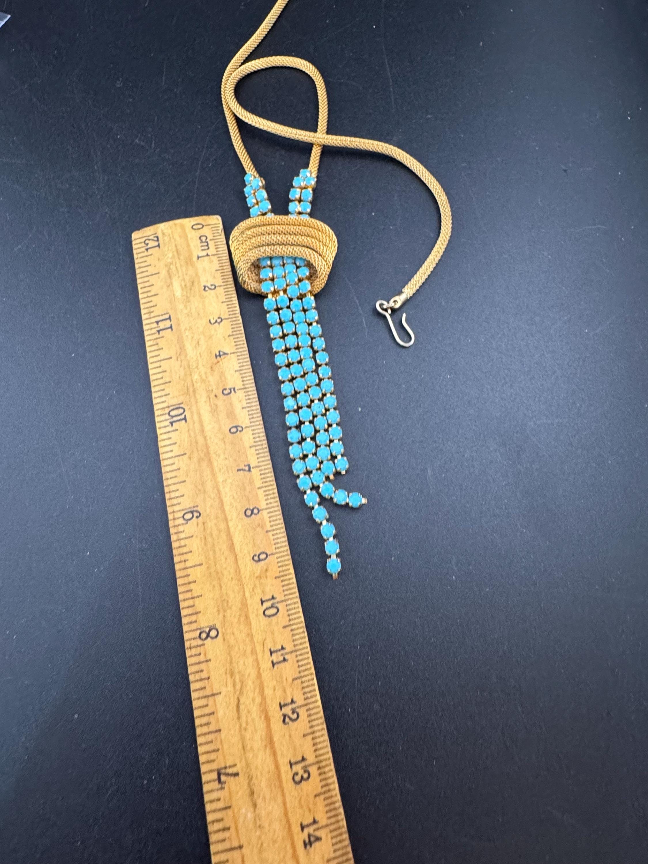 Vintage 1960s gold mesh lariat drop necklace with turquoise stones