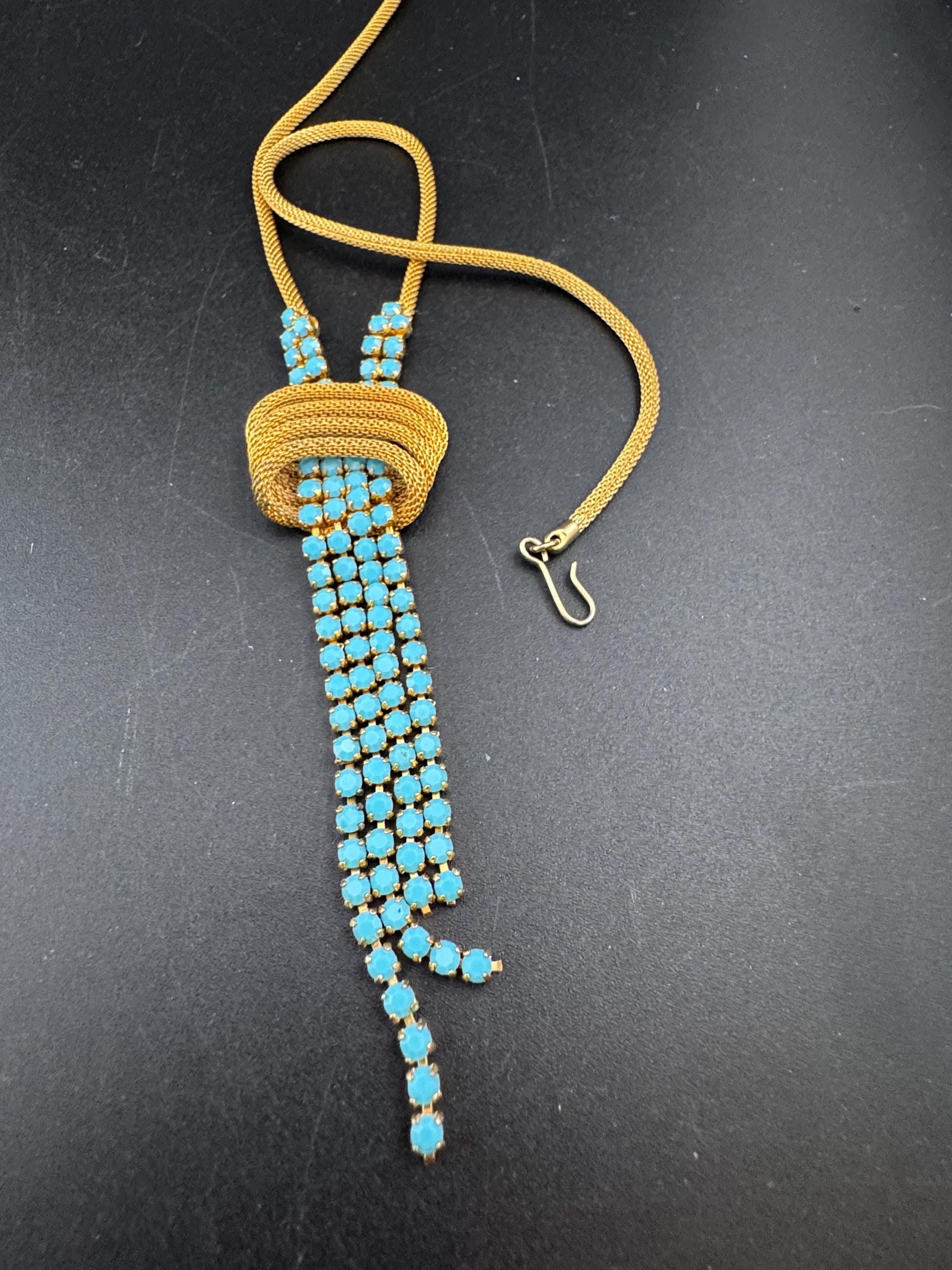 Vintage 1960s gold mesh lariat drop necklace with turquoise stones