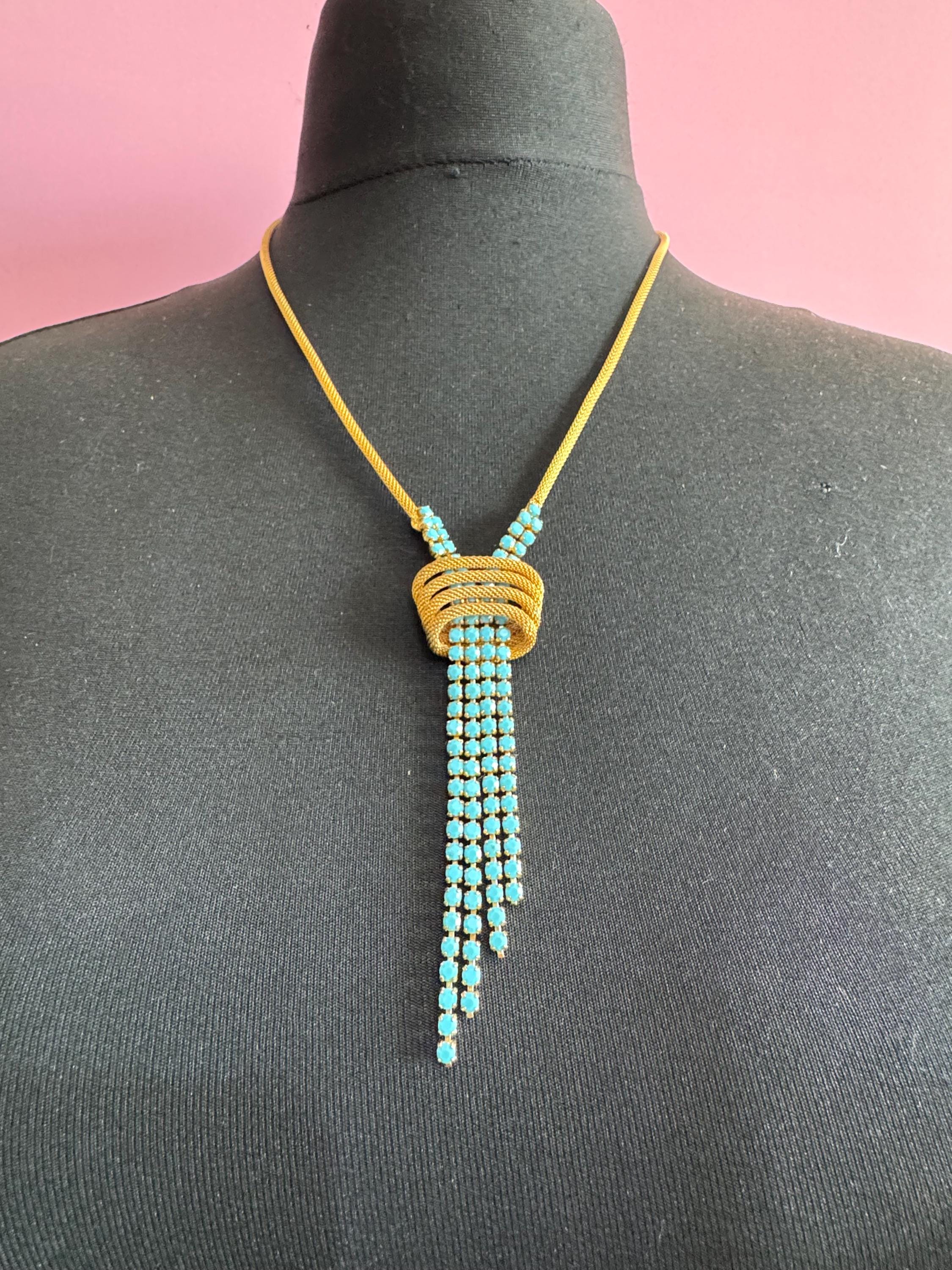 Vintage 1960s gold mesh lariat drop necklace with turquoise stones