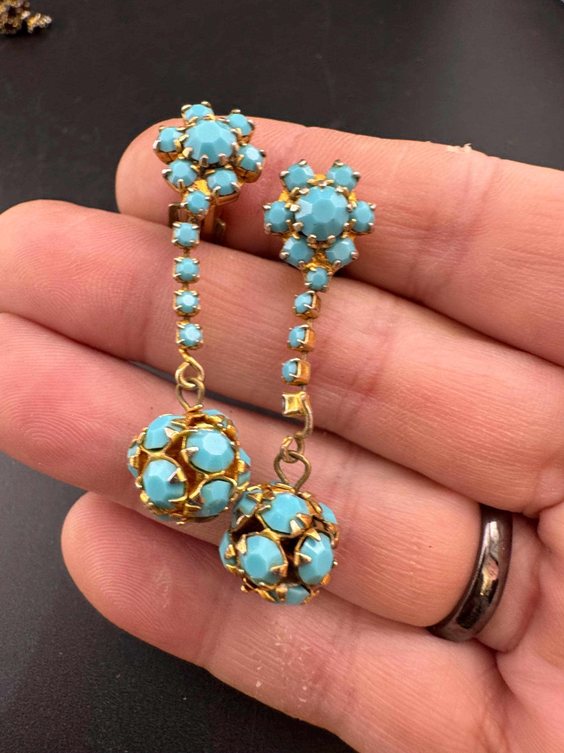 Vintage 1970s gold mesh Turquoise diamanté ball clip on earrings