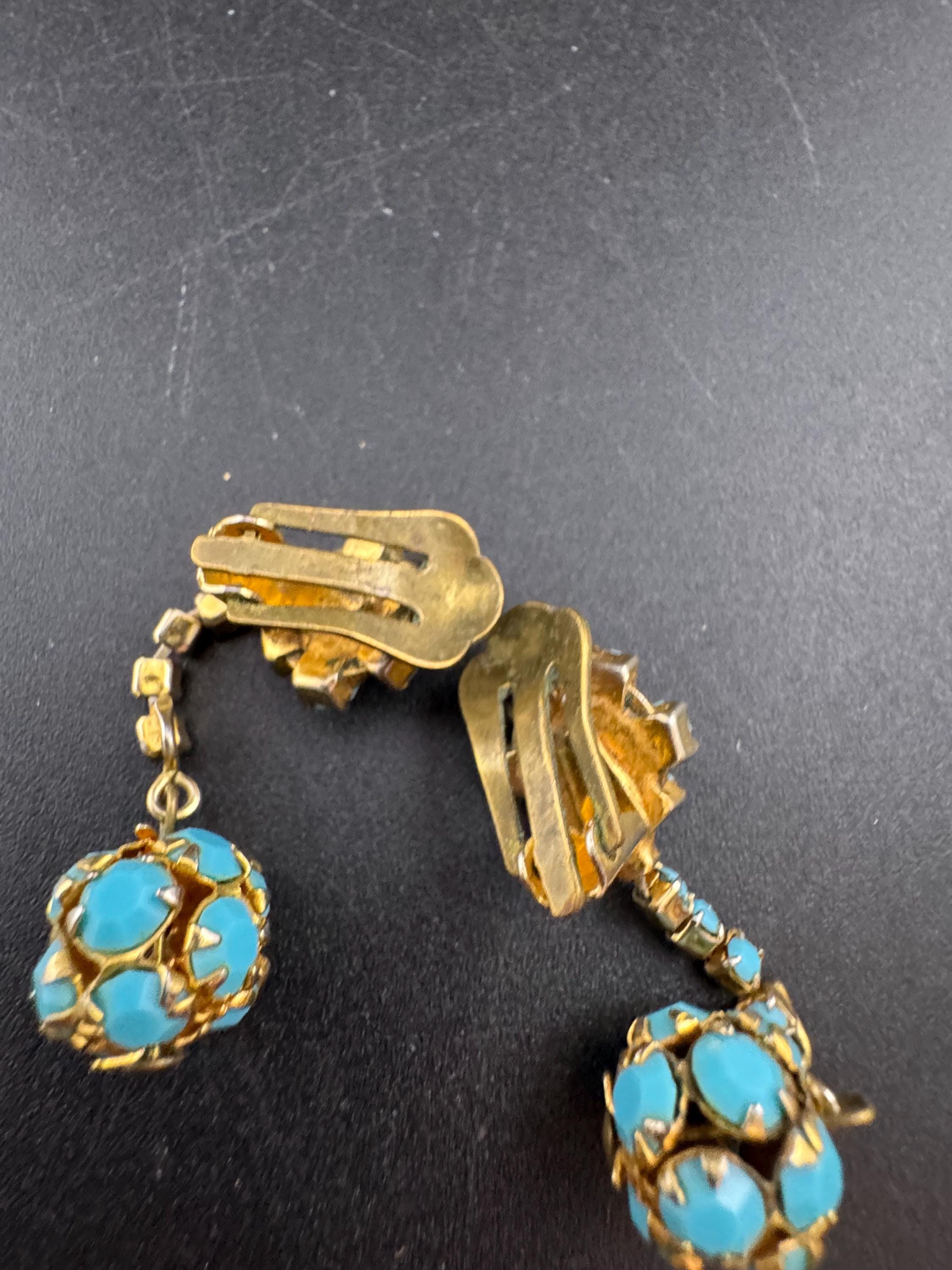 Vintage 1970s gold mesh Turquoise diamanté ball clip on earrings