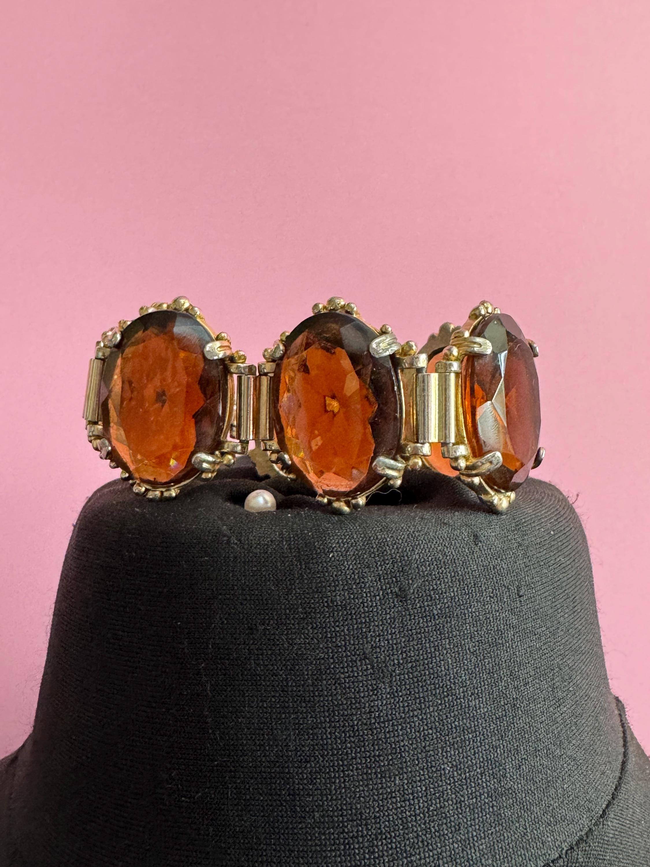 Vintage oversized dark brown cognac Glass Cabochon Gold Tone cocktail bracelet