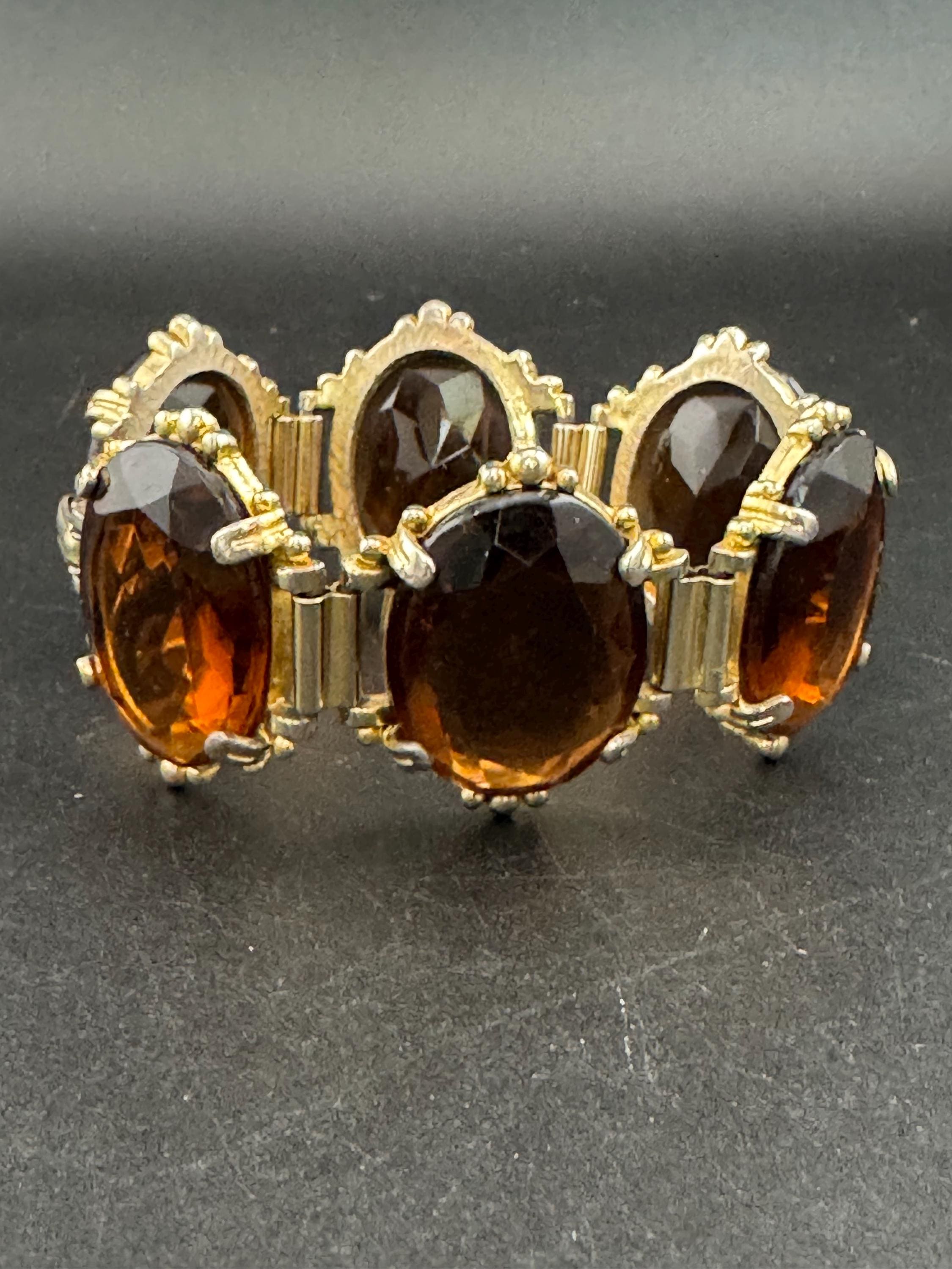 Vintage oversized dark brown cognac Glass Cabochon Gold Tone cocktail bracelet