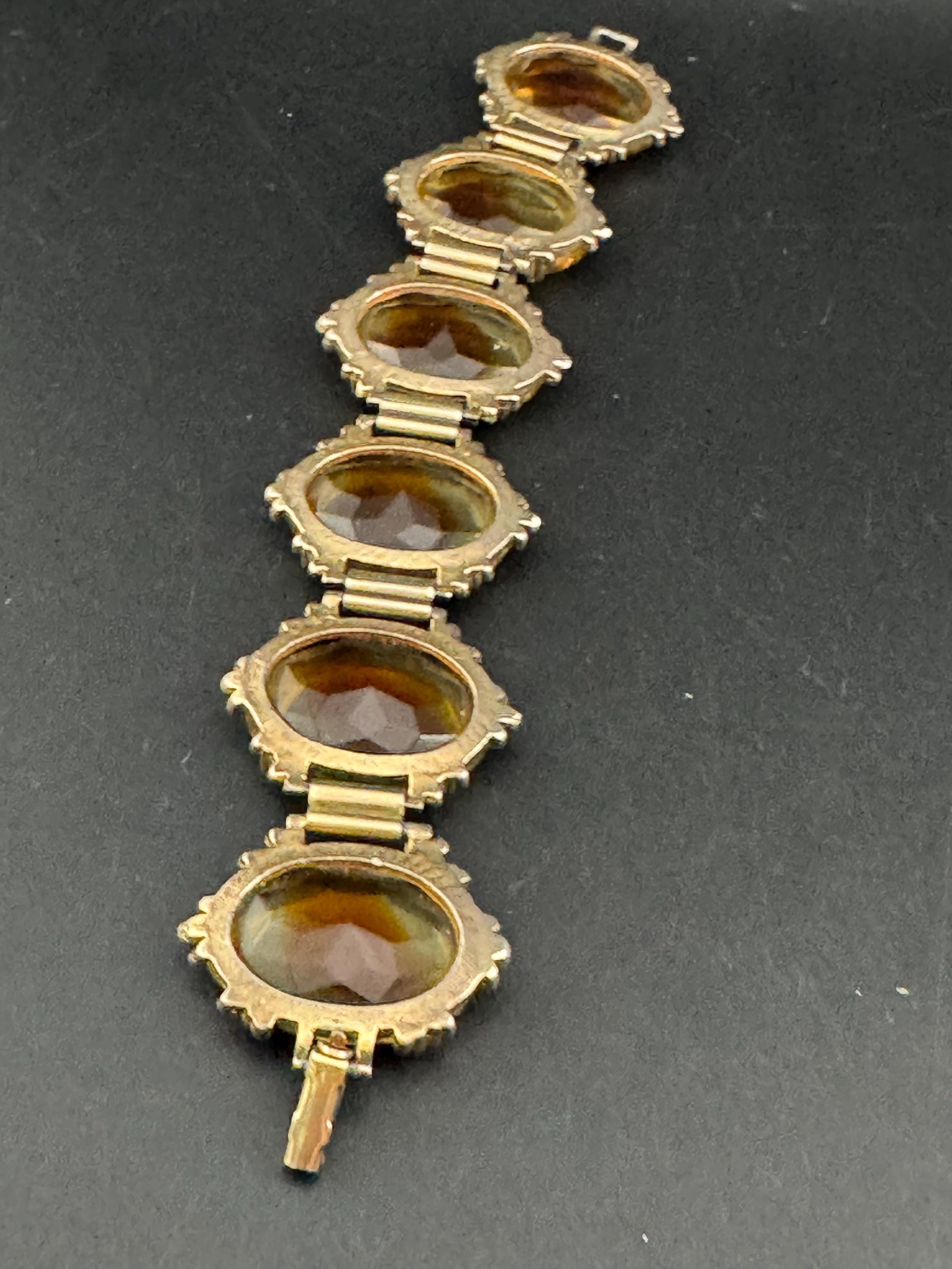 Faceted citrine orange Glass Gold Tone chunky panel link cocktail bracelet