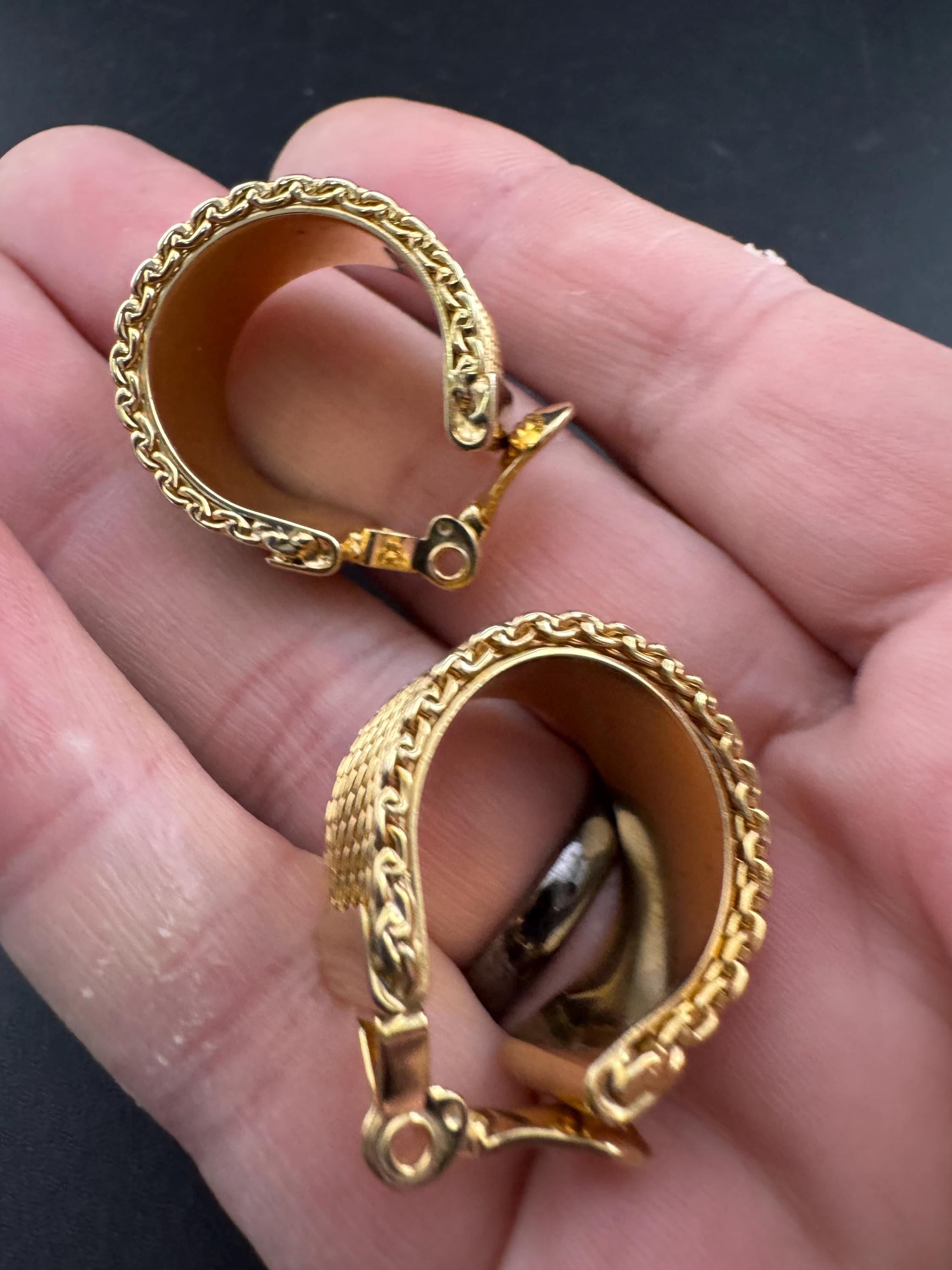 1980s gold tone wide mesh clip on hoop earrings