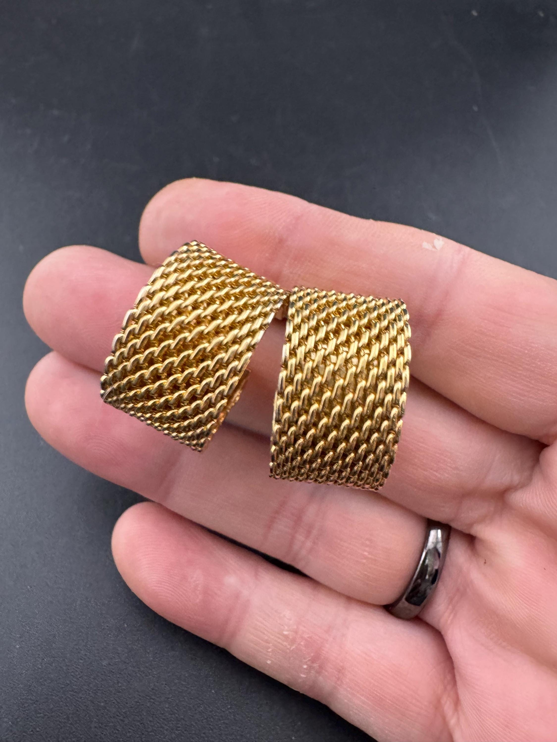 1980s gold tone wide mesh clip on hoop earrings