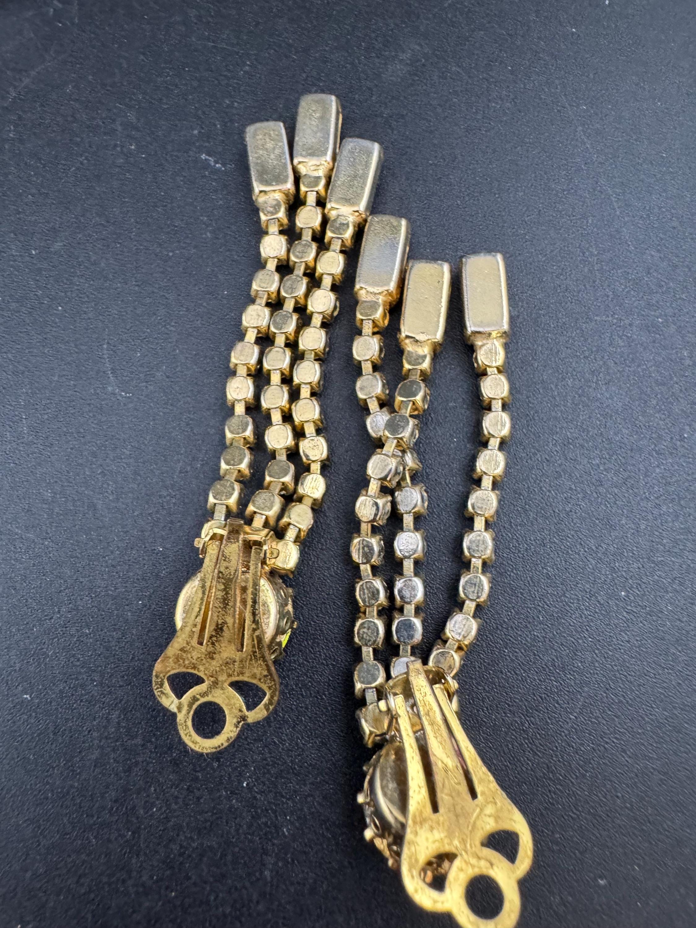 Vintage Emerald rhinestone 6cm Drop Clip On Earrings, Gold Tone Art deco style earrings