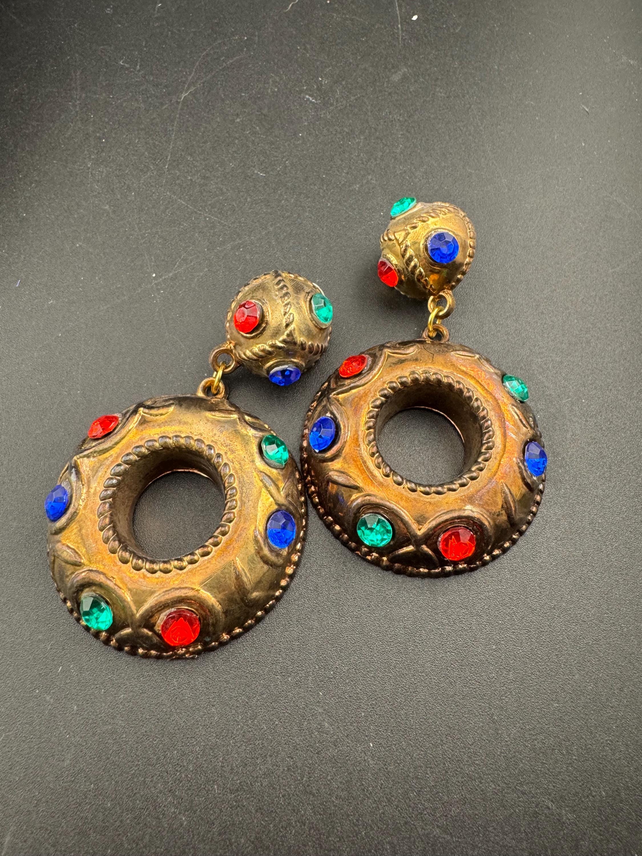 oversized copper hoop clip on earrings, red blue green rhinestones