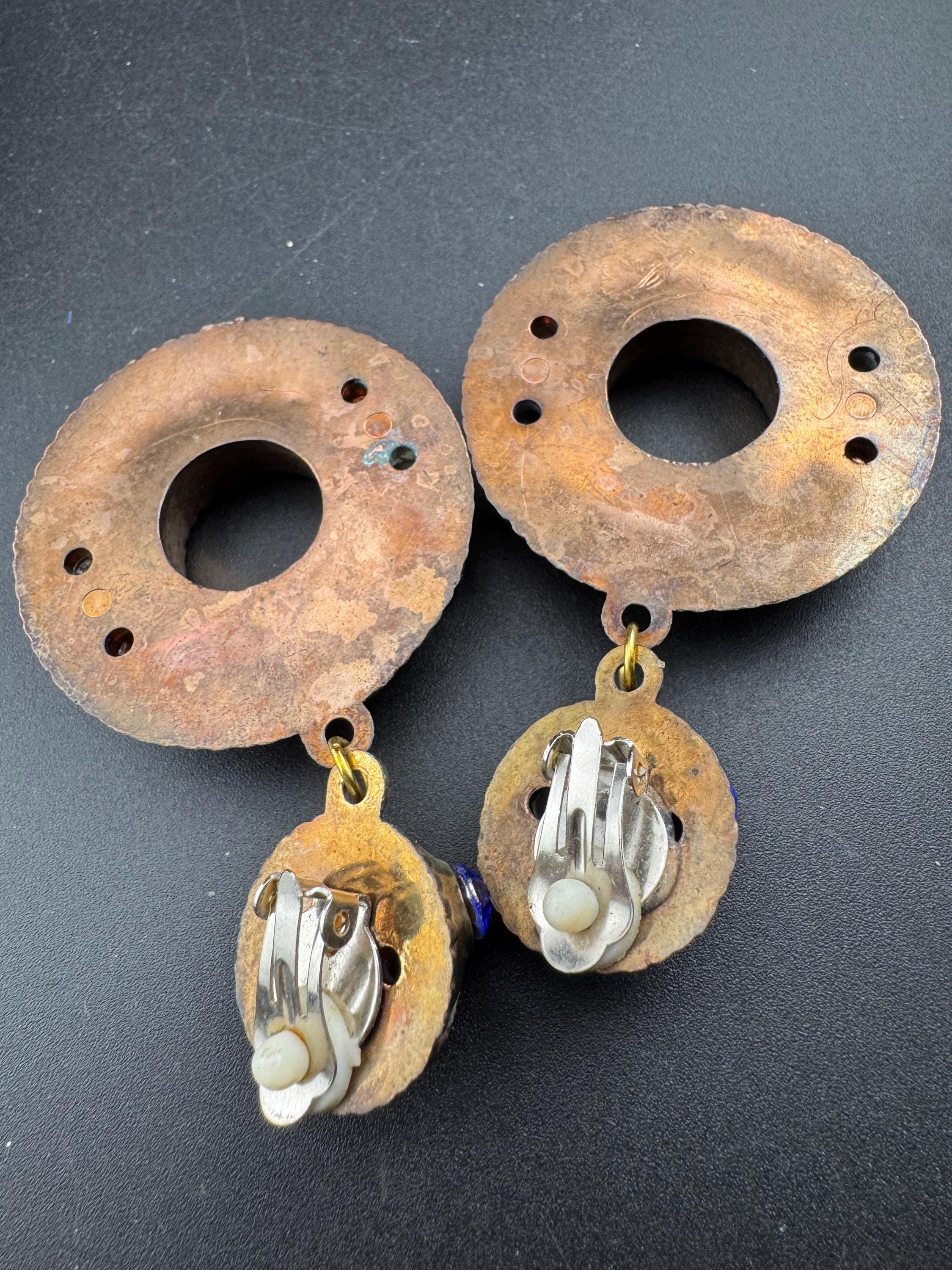 oversized copper hoop clip on earrings, red blue green rhinestones