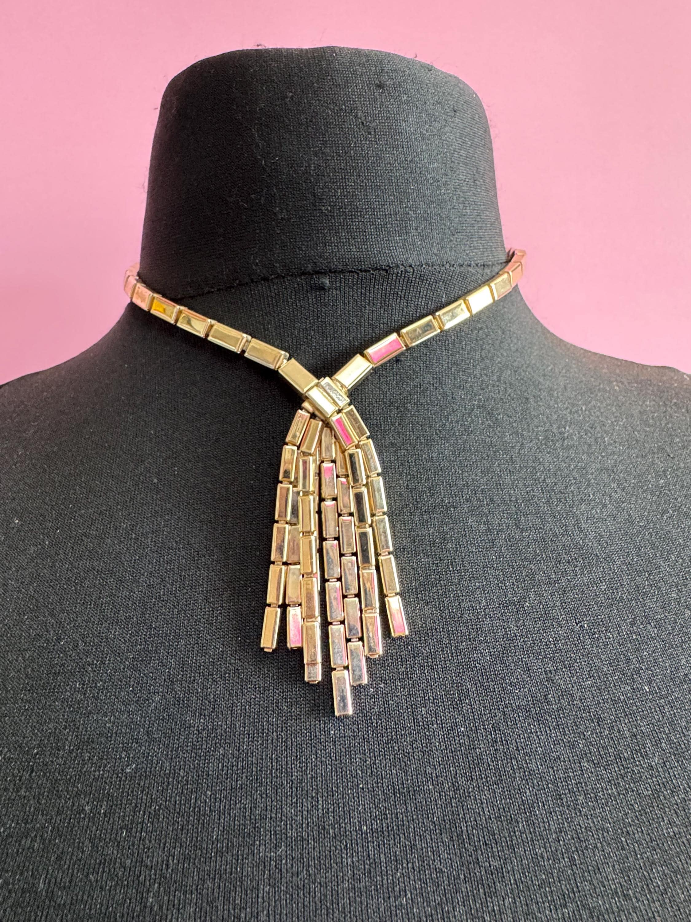 Vintage long tube mesh gold tassel necklace, 1960s modernist