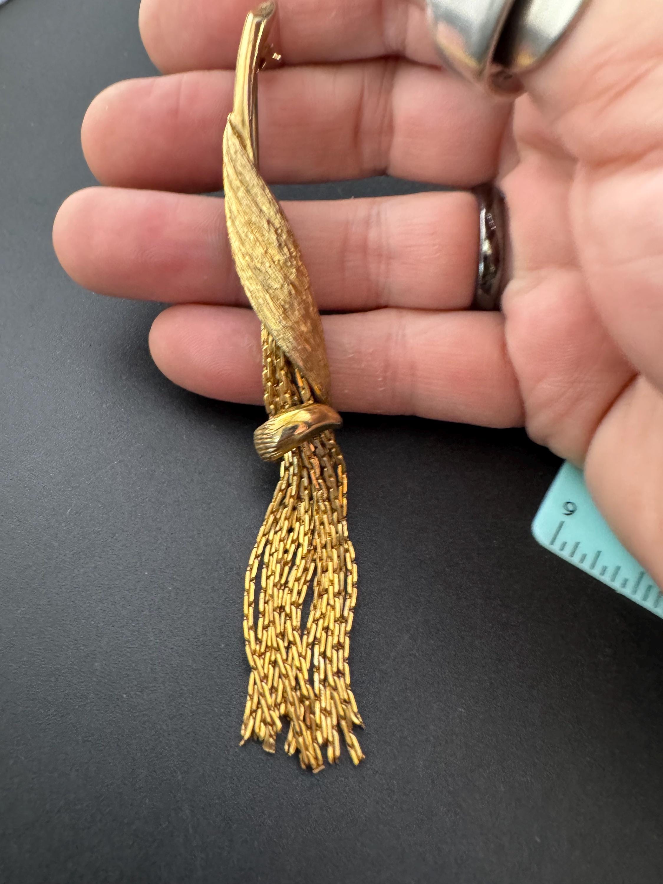 vintage brushed gold tassel brooch, 1960s 1950s