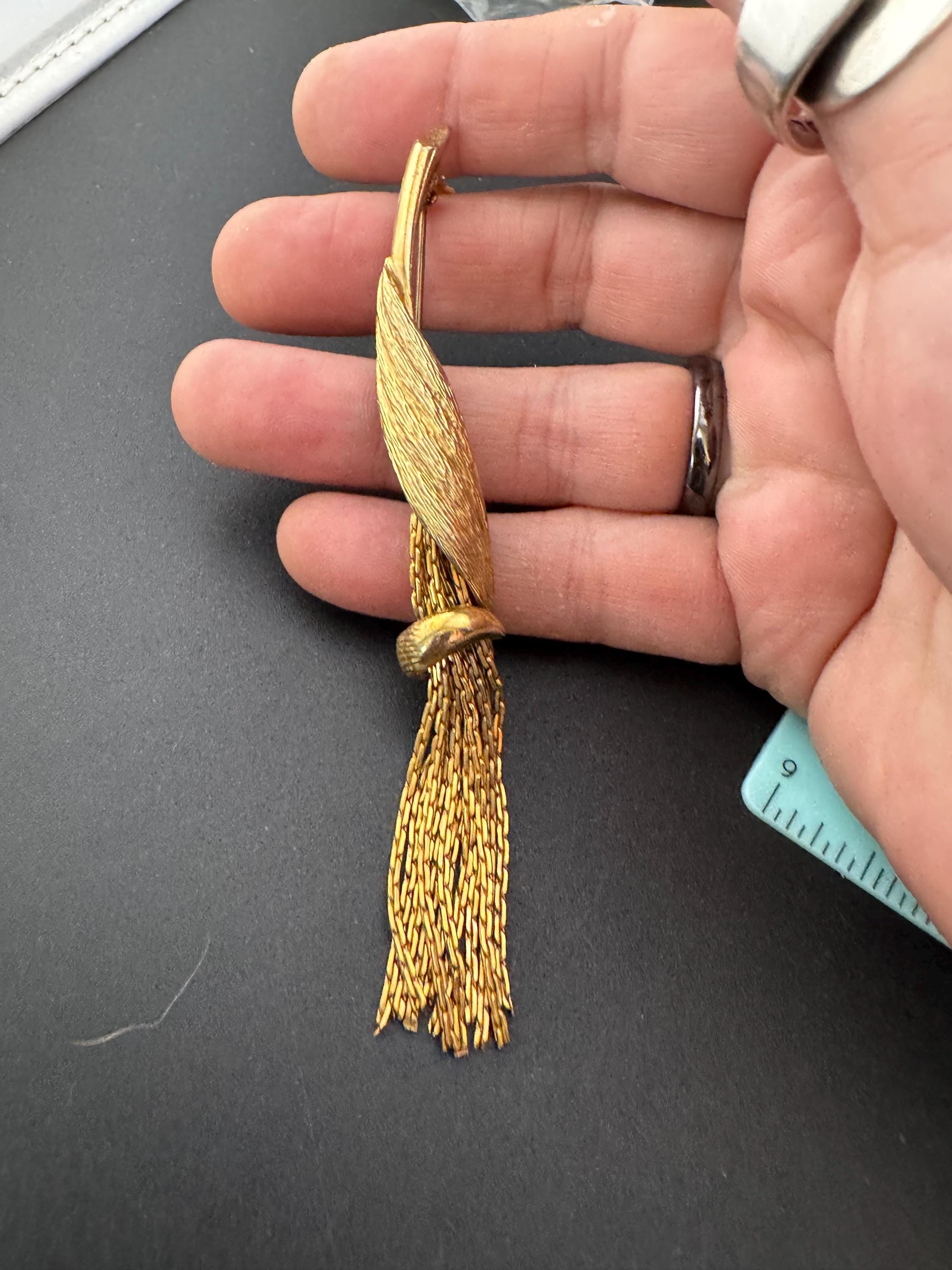 vintage brushed gold tassel brooch, 1960s 1950s