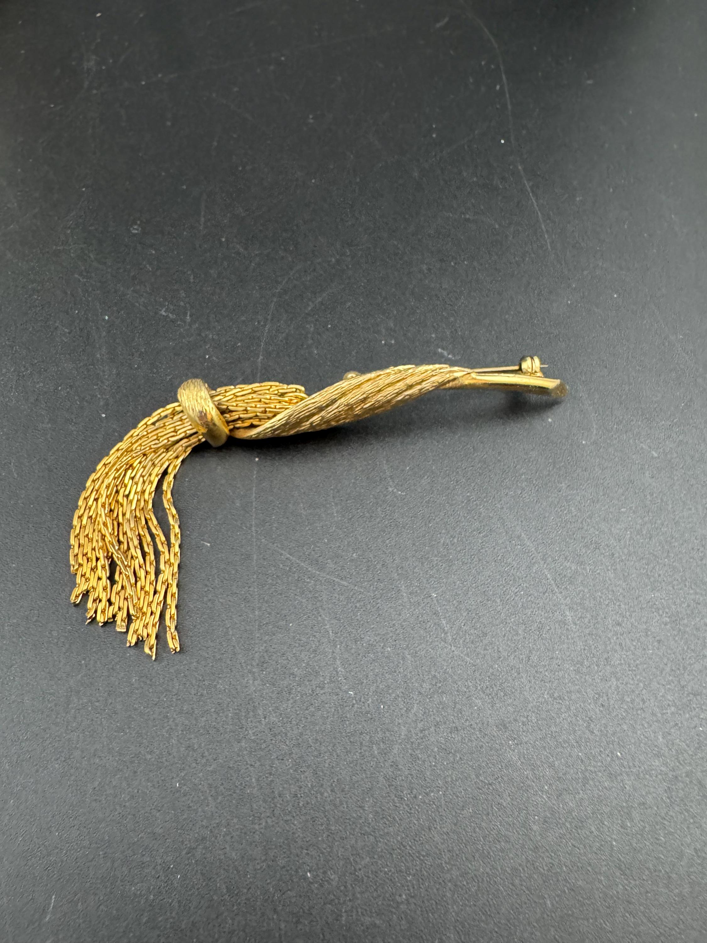 vintage brushed gold tassel brooch, 1960s 1950s