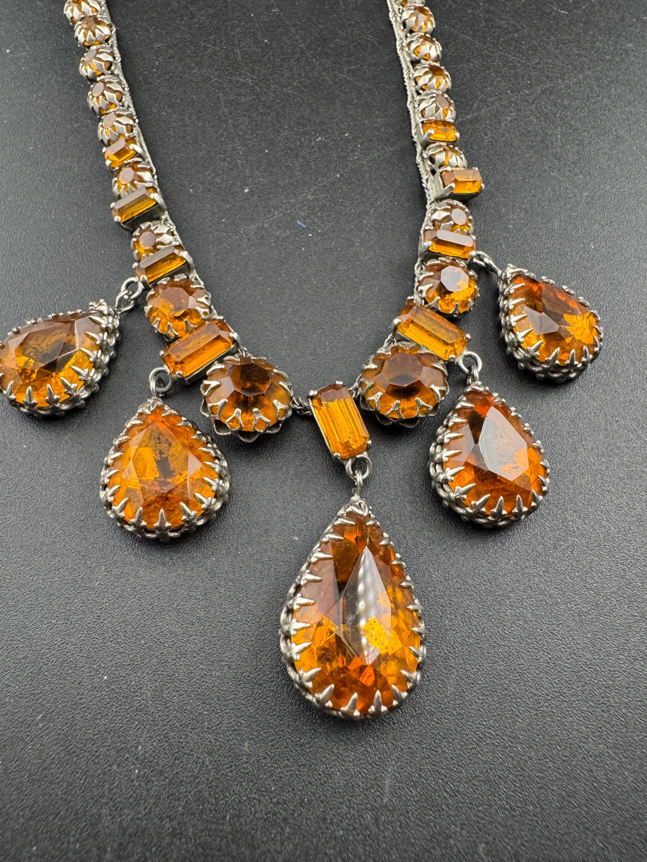 vintage 1940s Austrian citrine rhinestone drop bib necklace , prong set foil backed