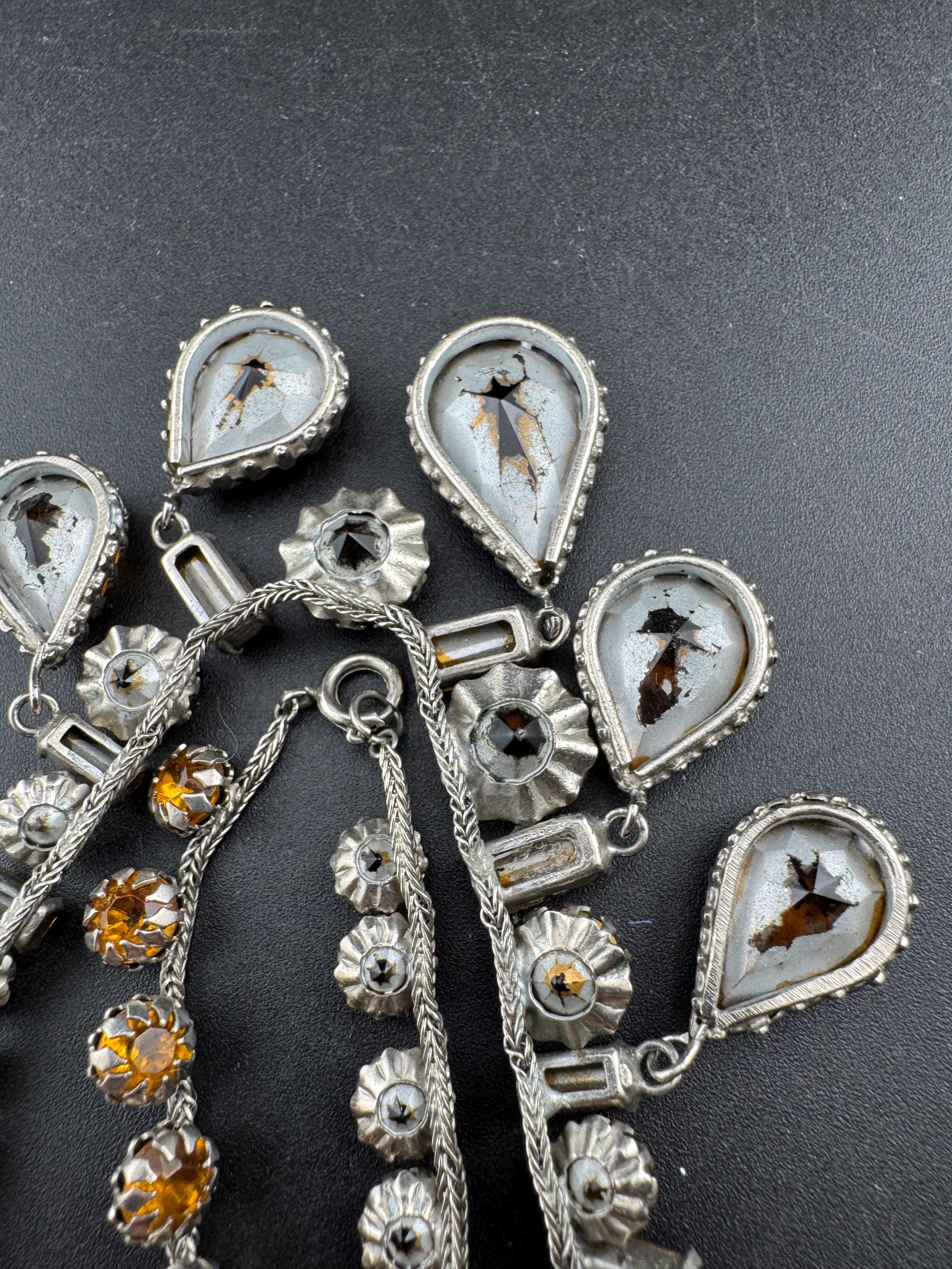 vintage 1940s Austrian citrine rhinestone drop bib necklace , prong set foil backed