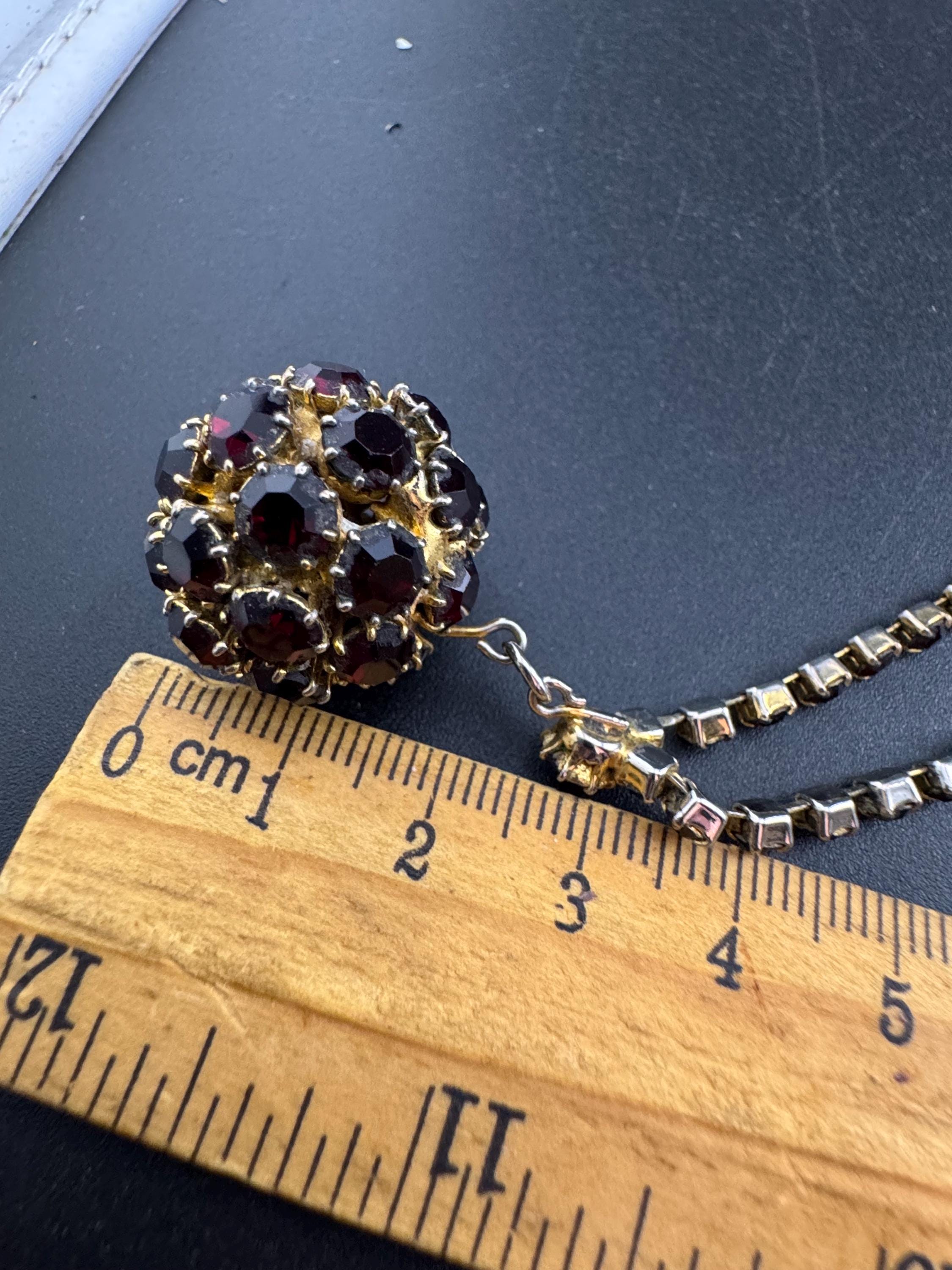 Vintage red garnet rhinestone long ball pendant layering necklace