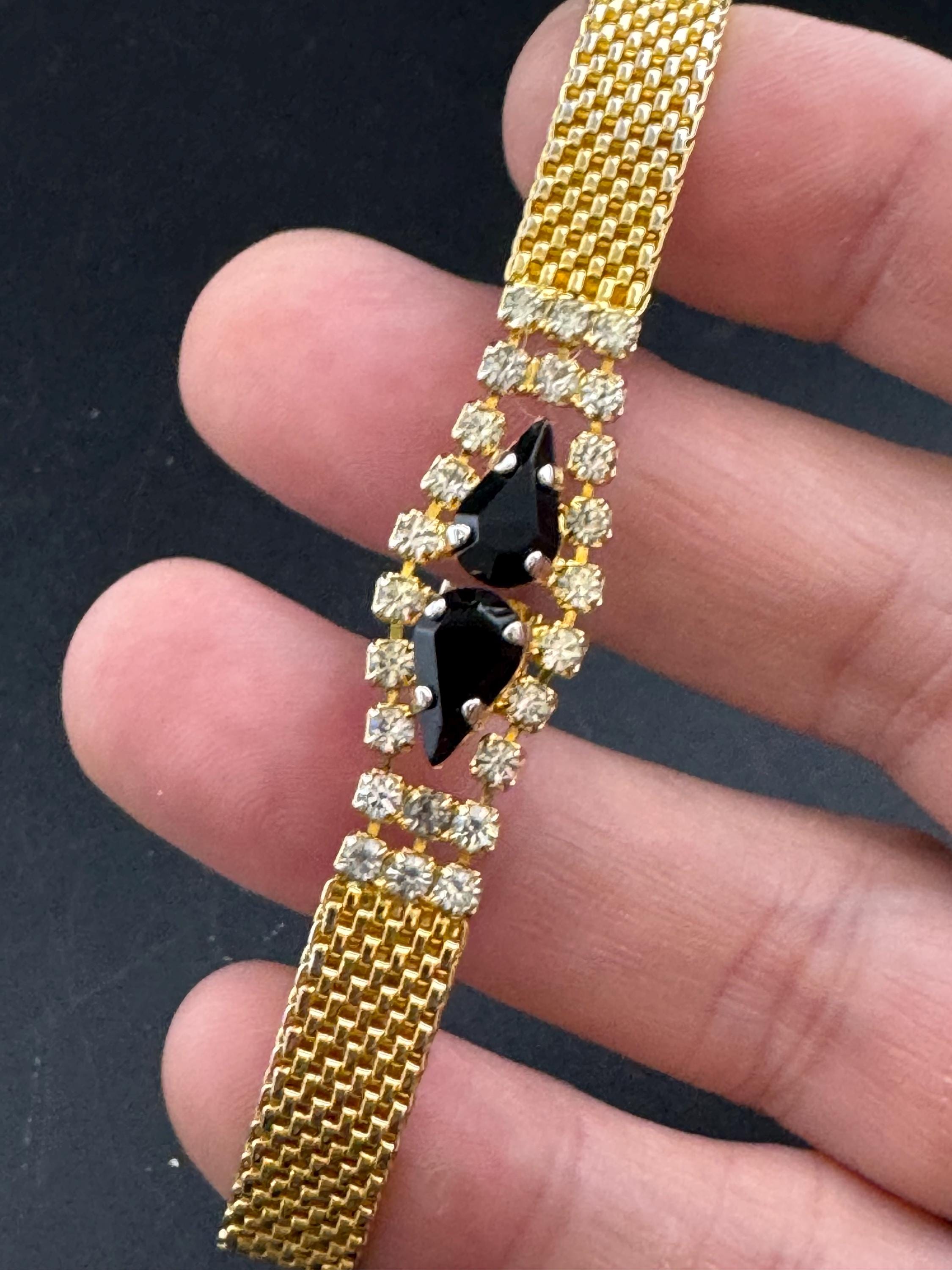 Vintage black rhinestone Glass Gold Tone mesh cocktail bracelet