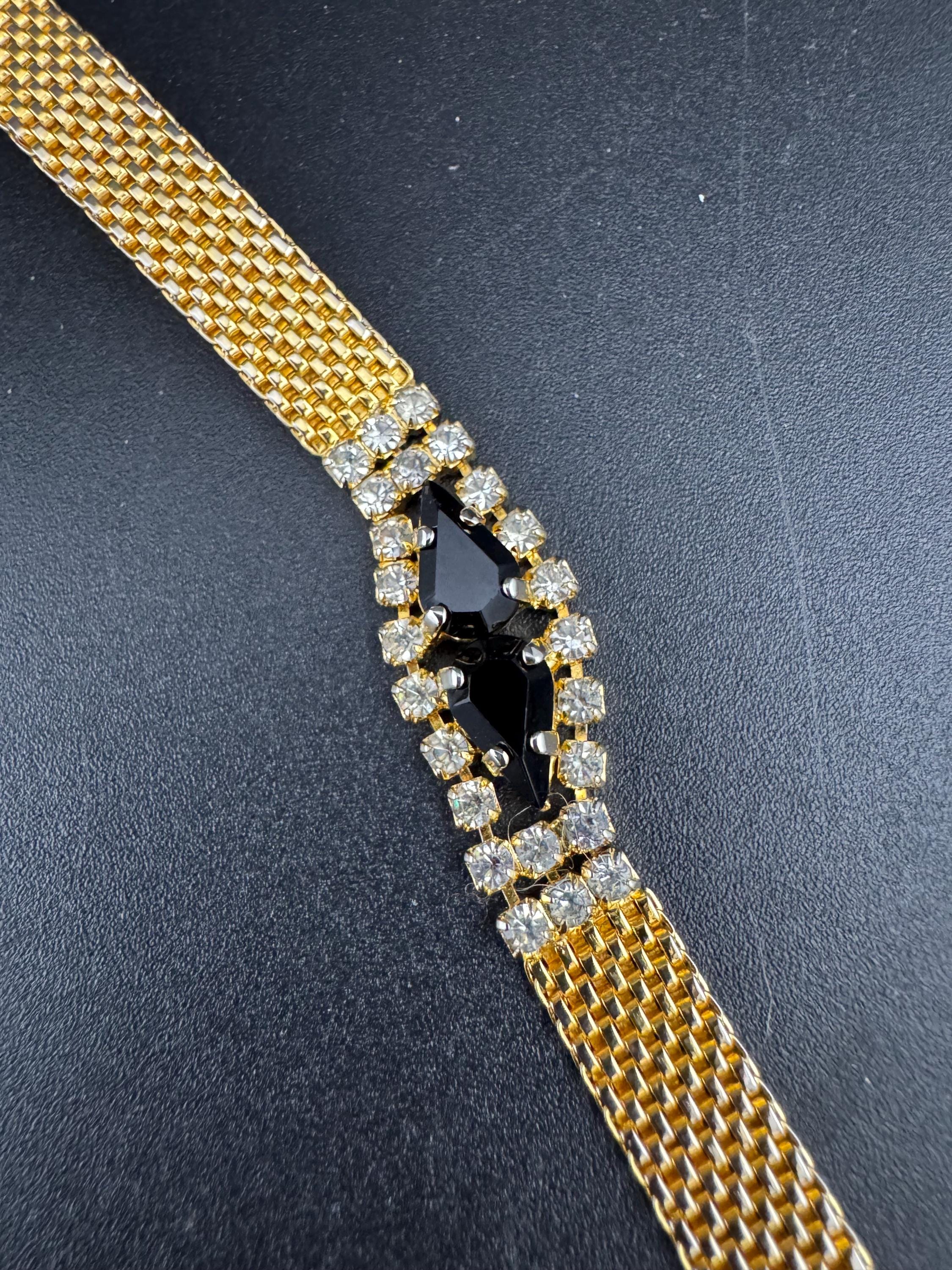 Vintage black rhinestone Glass Gold Tone mesh cocktail bracelet