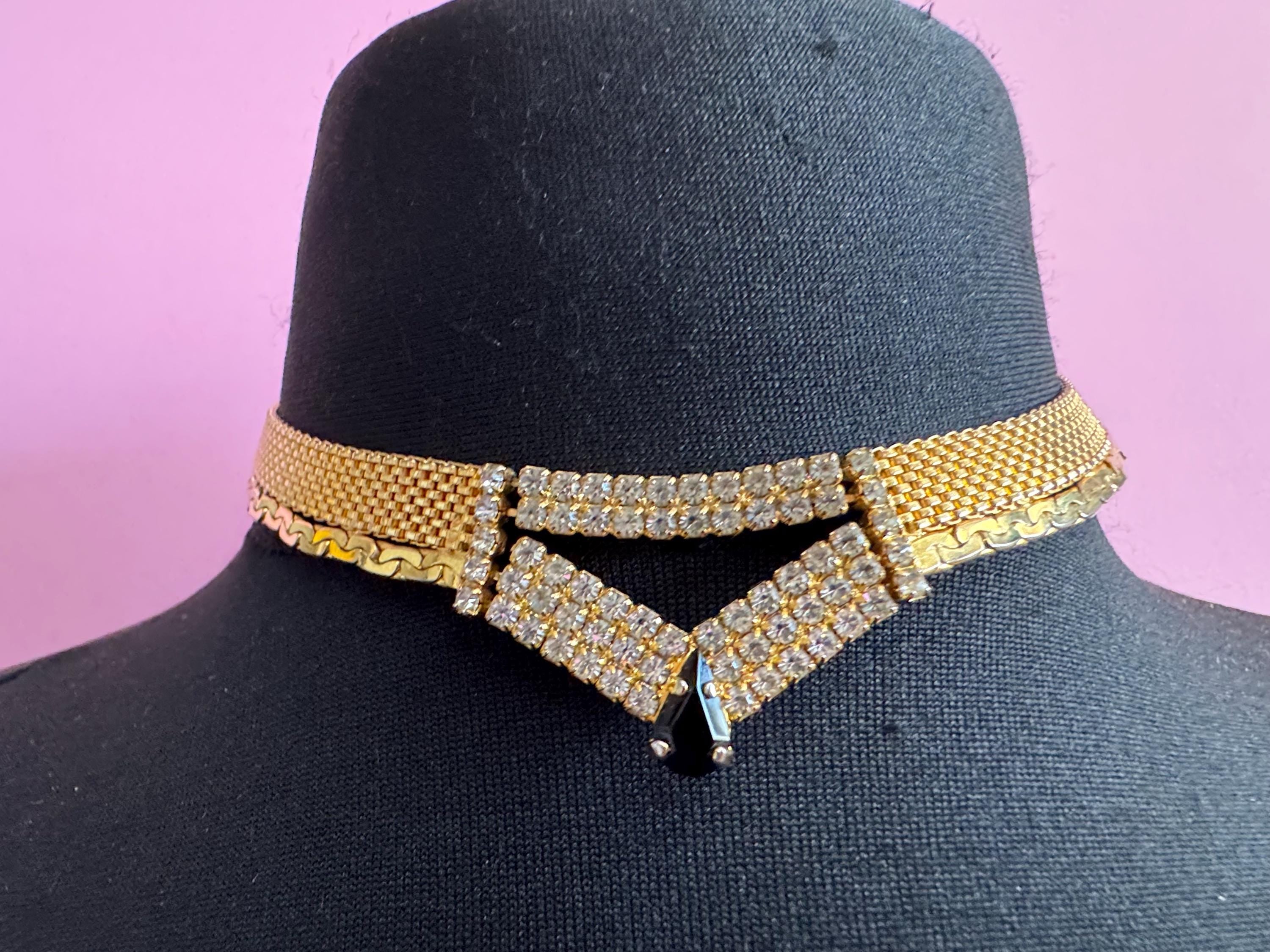 Vintage black and clear rhinestone gold mesh choker necklace 42cm