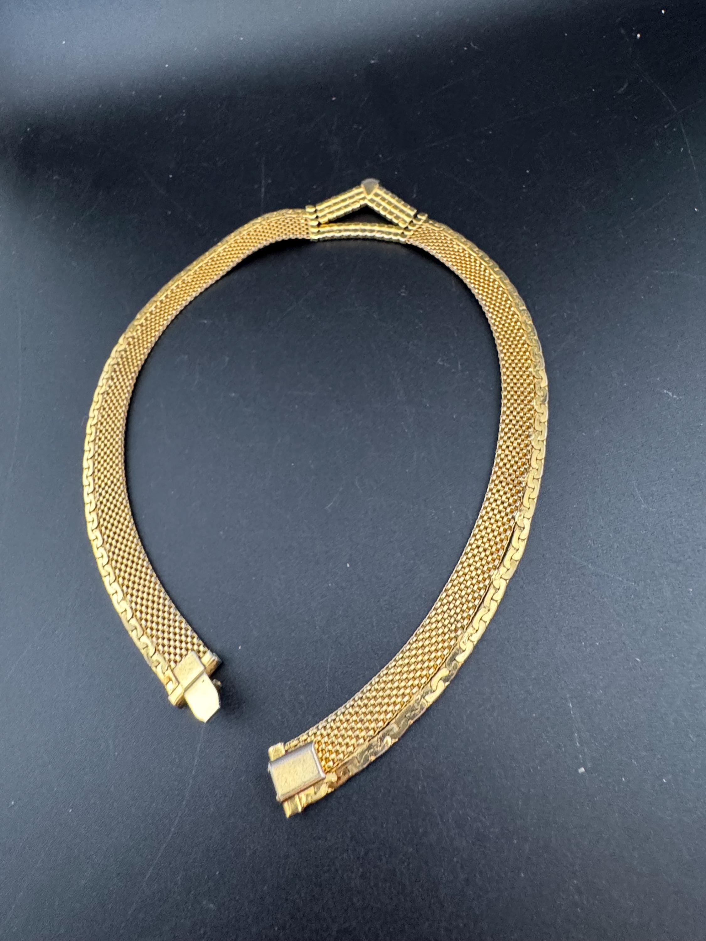 Vintage black and clear rhinestone gold mesh choker necklace 42cm