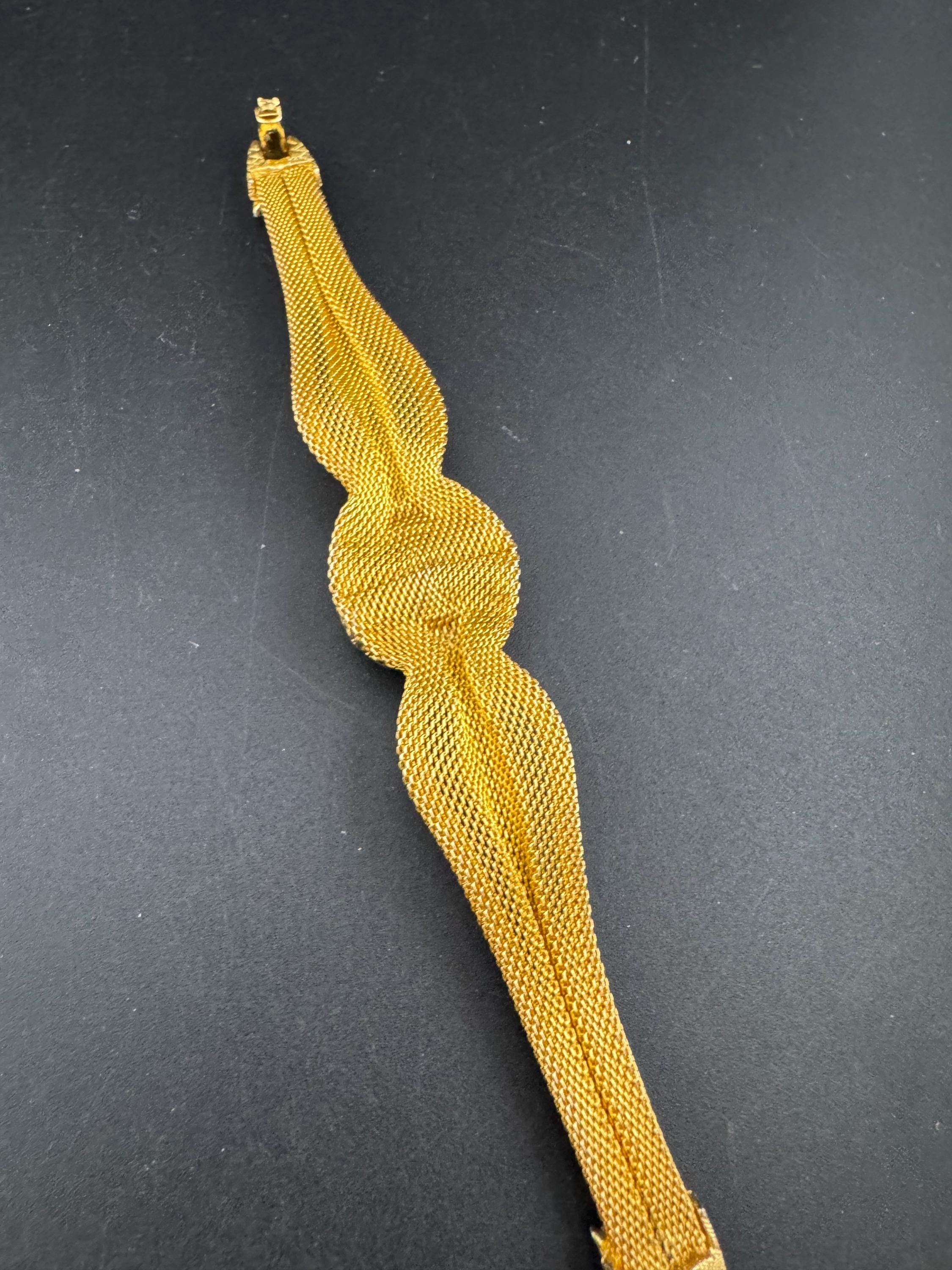 Vintage gold mesh ruby red rhinestone cocktail bracelet 1970s 1960s