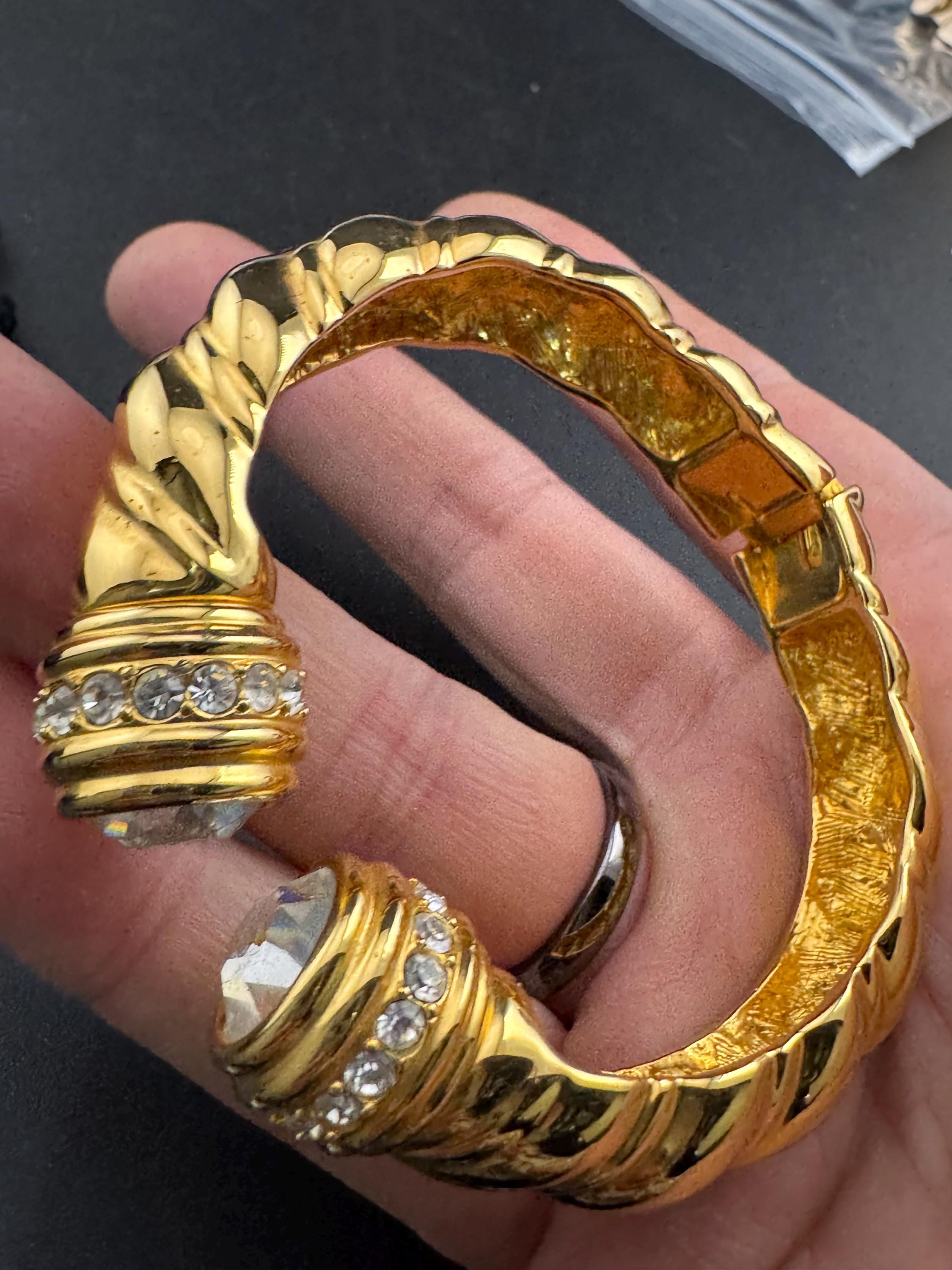Joan rivers crystal torque clamper bangle, Etruscan style gold tone