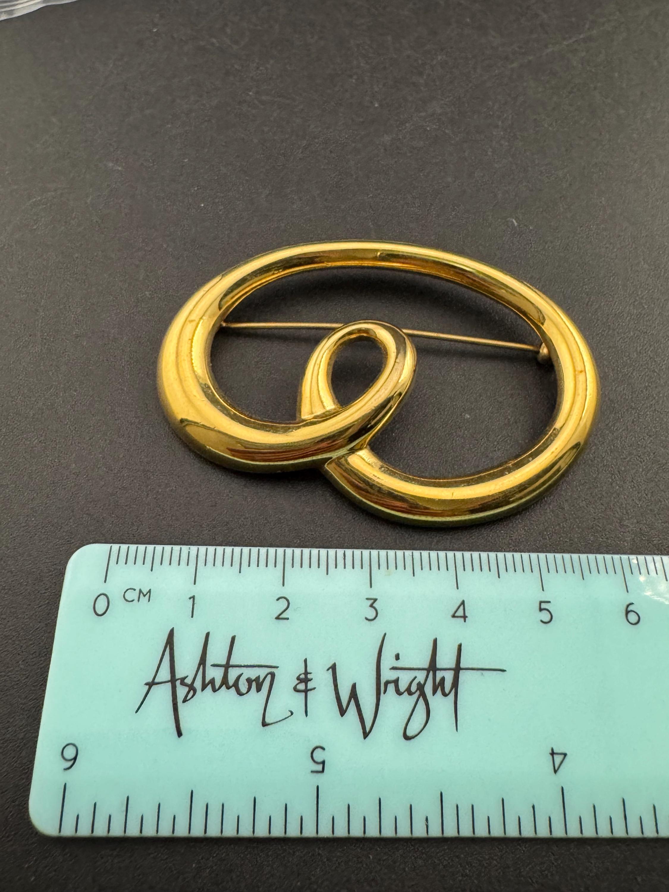 Signed MONET gold brooch, abstract swirl brooch modernist 5.5cm