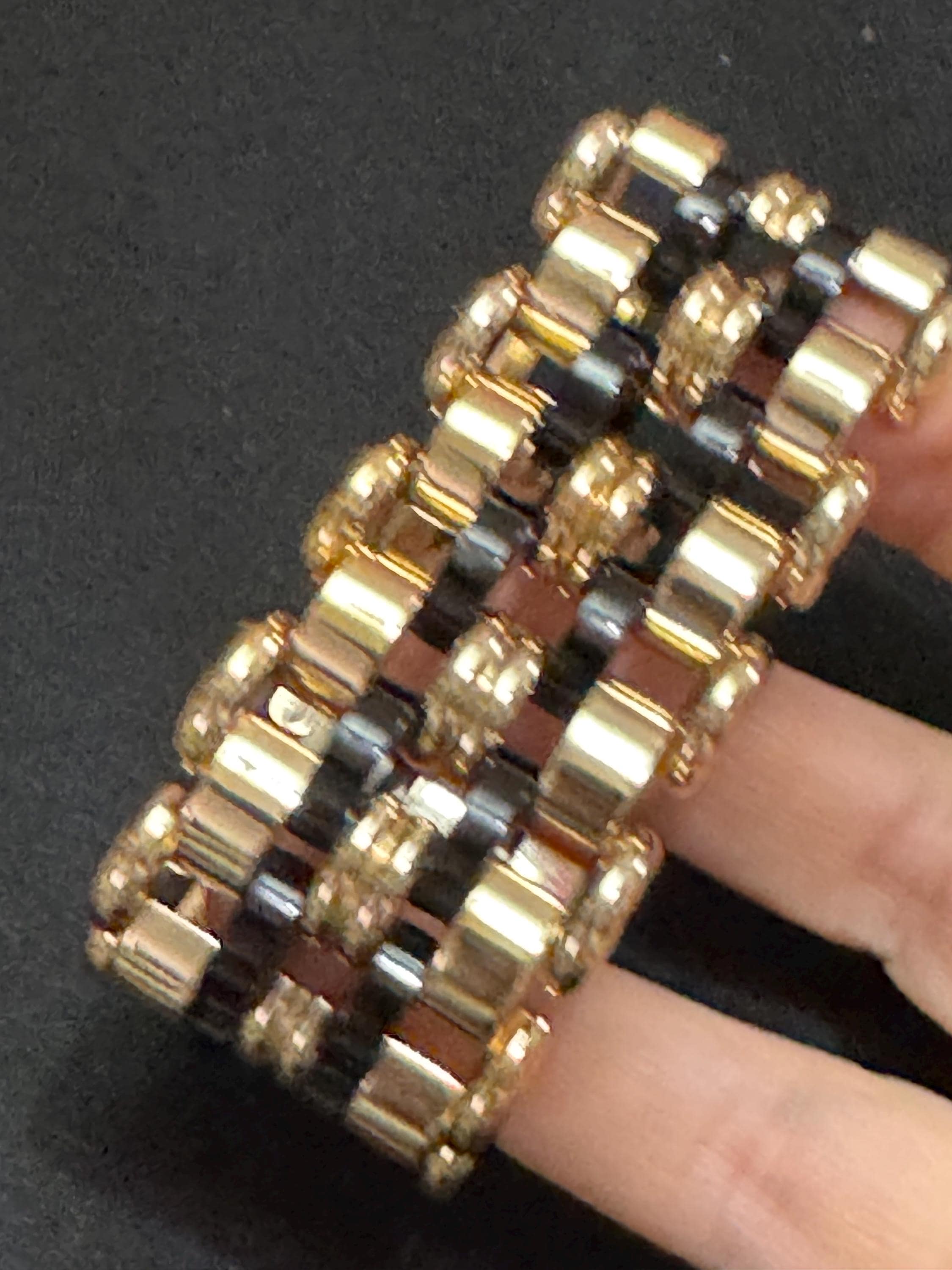 1950s De Farre warm gold tone black brick chain bracelet, 29.5cm French vintage