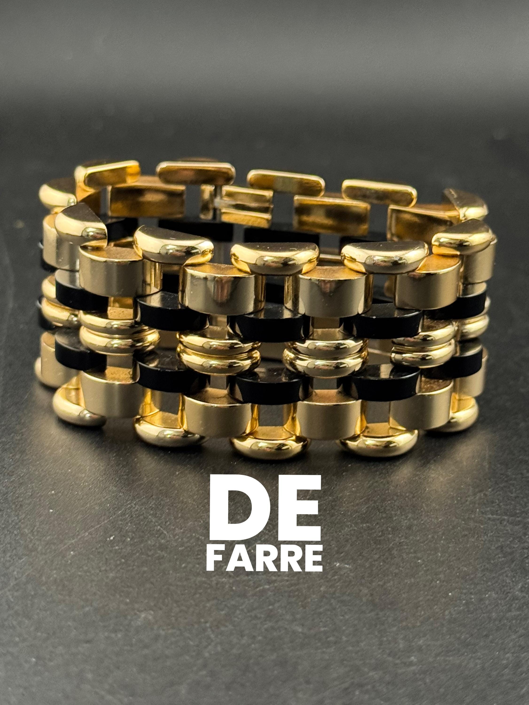 1950s De Farre warm gold tone black brick chain bracelet, 29.5cm French vintage