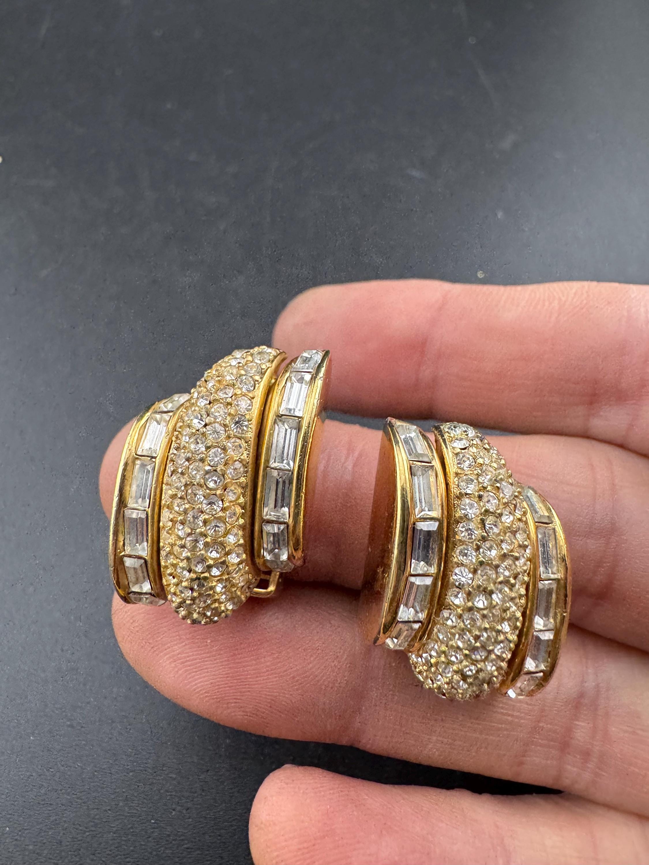 Signed GROSSE clear baguette crystal Diamante clip on earrings, high end 3cm designer studs