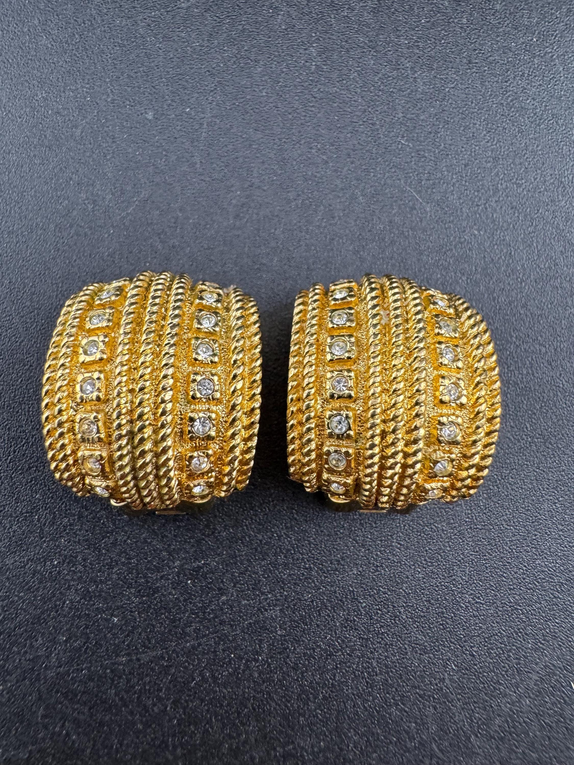 Signed GROSSE clear crystal Diamante clip on earrings, gold tone designer studs