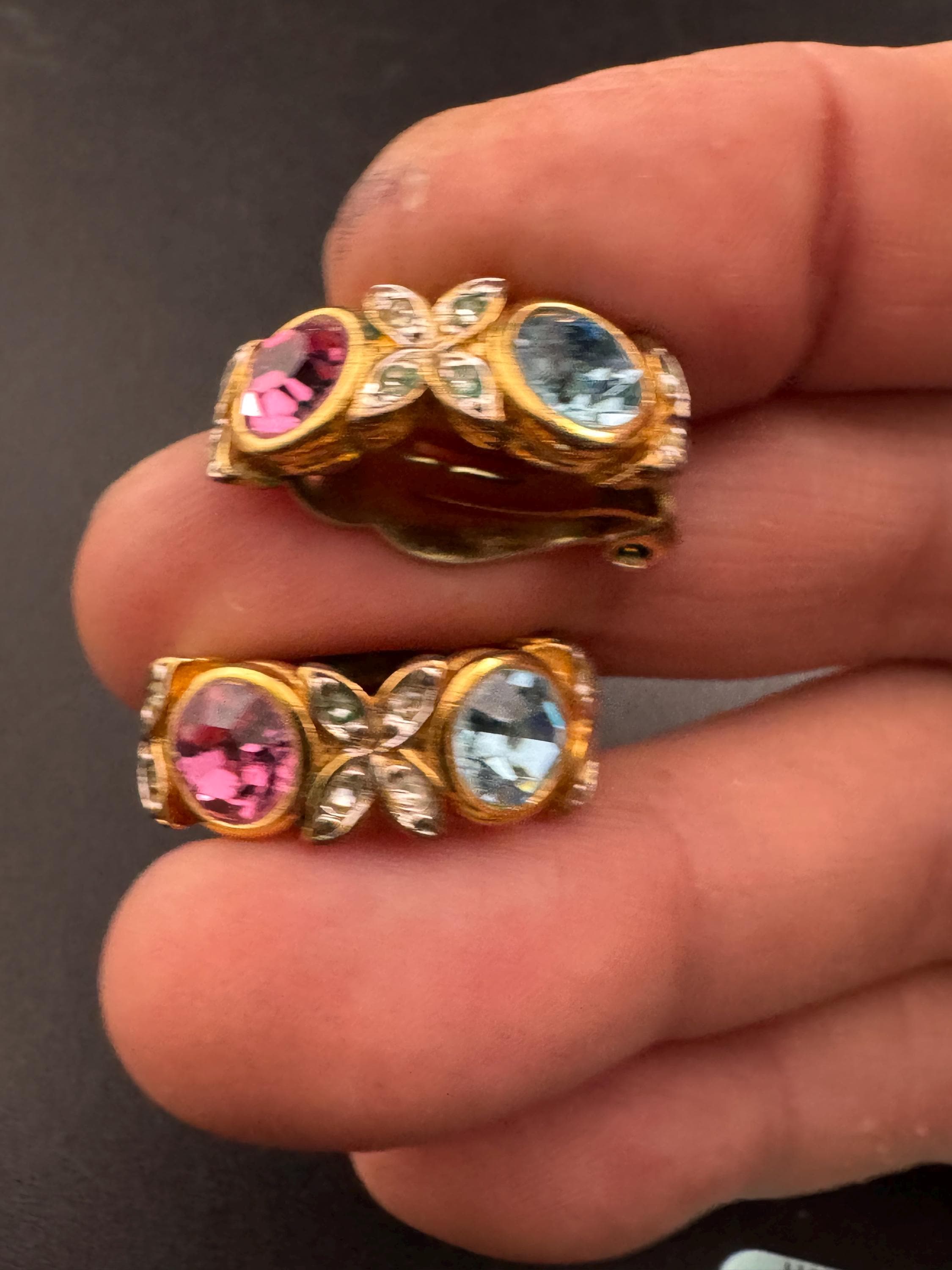 Signed d’orlan gold and pastel crystal clip on earrings, pink blue diamanté
