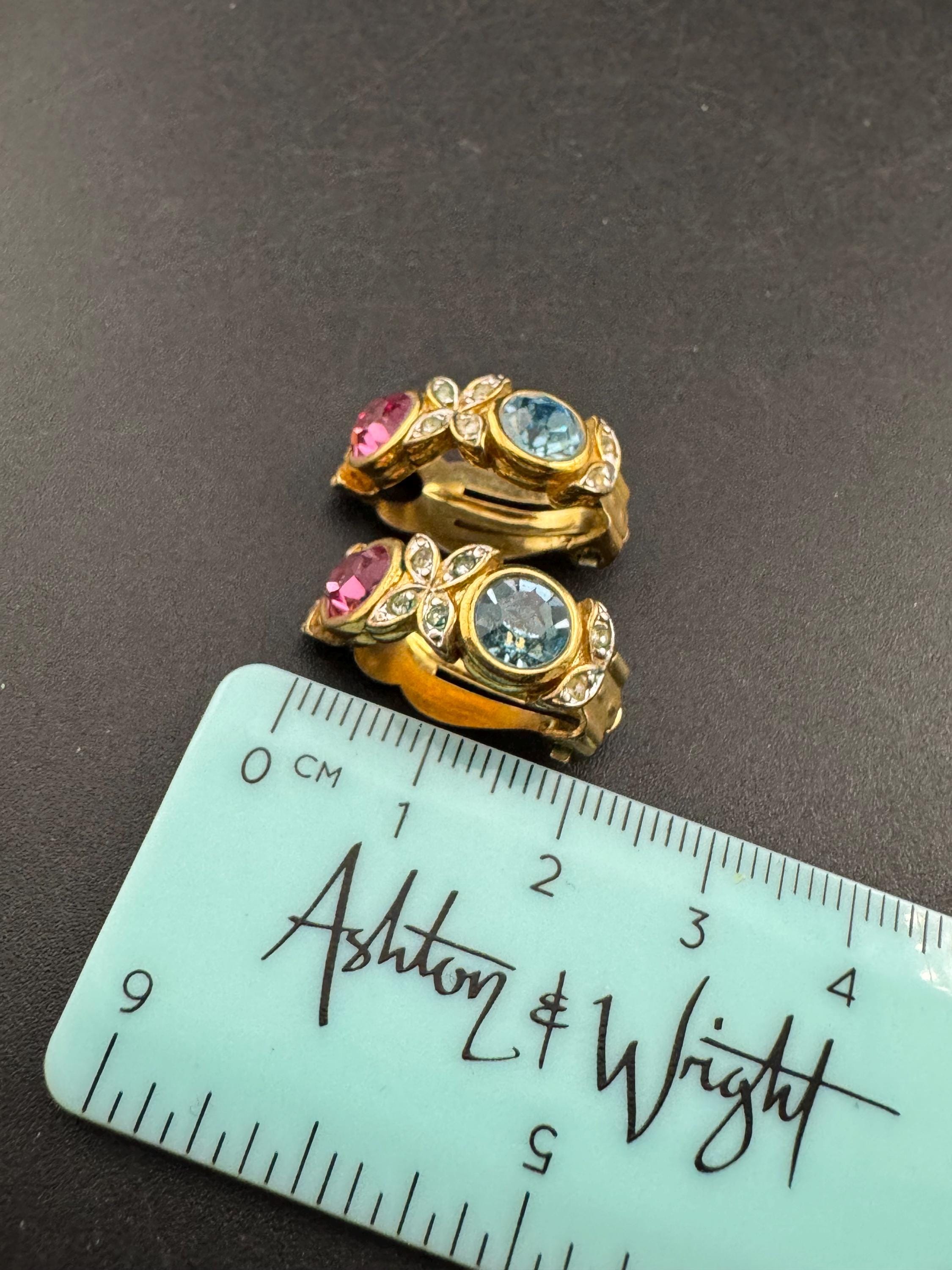 Signed d’orlan gold and pastel crystal clip on earrings, pink blue diamanté