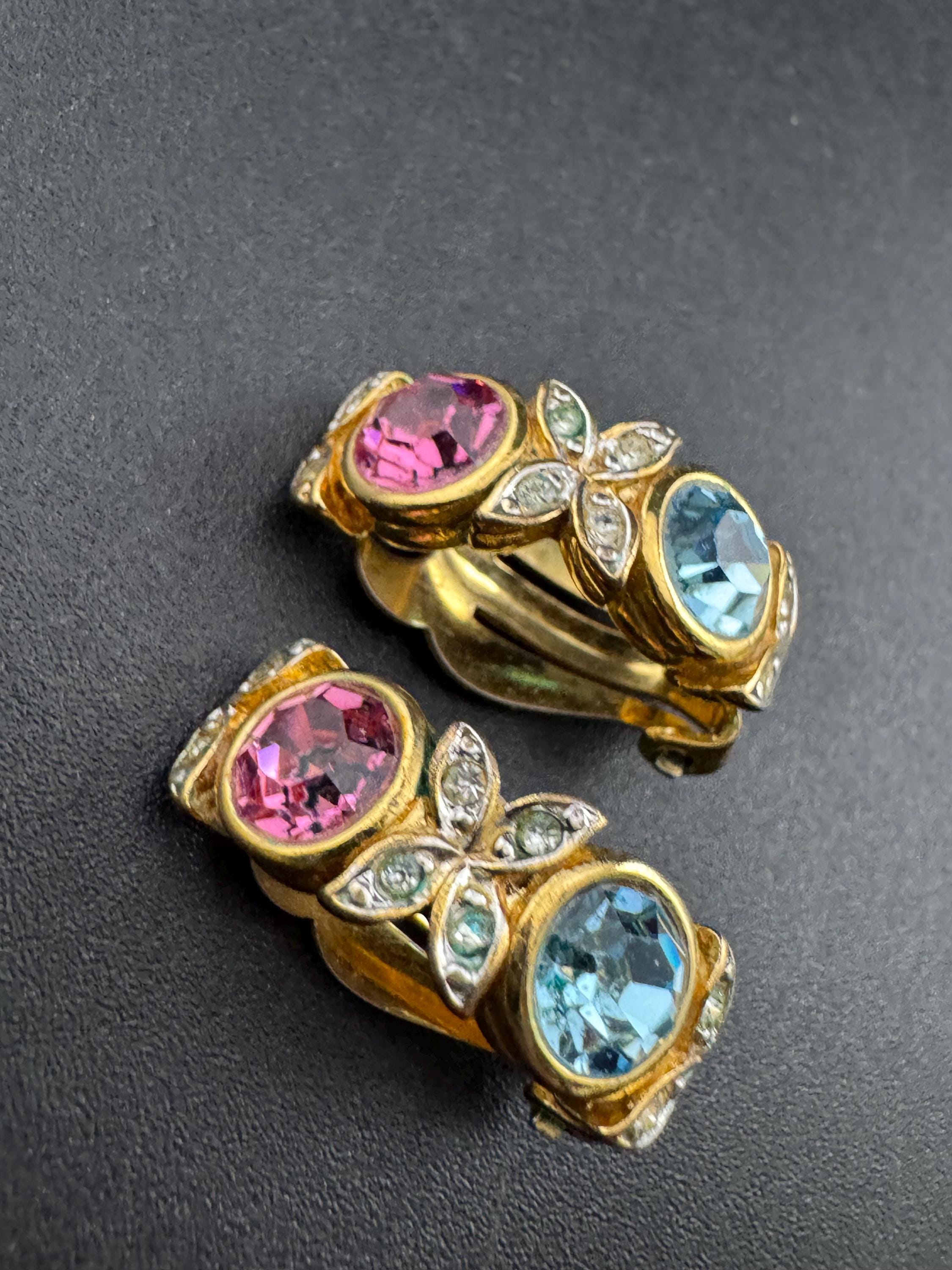 Signed d’orlan gold and pastel crystal clip on earrings, pink blue diamanté