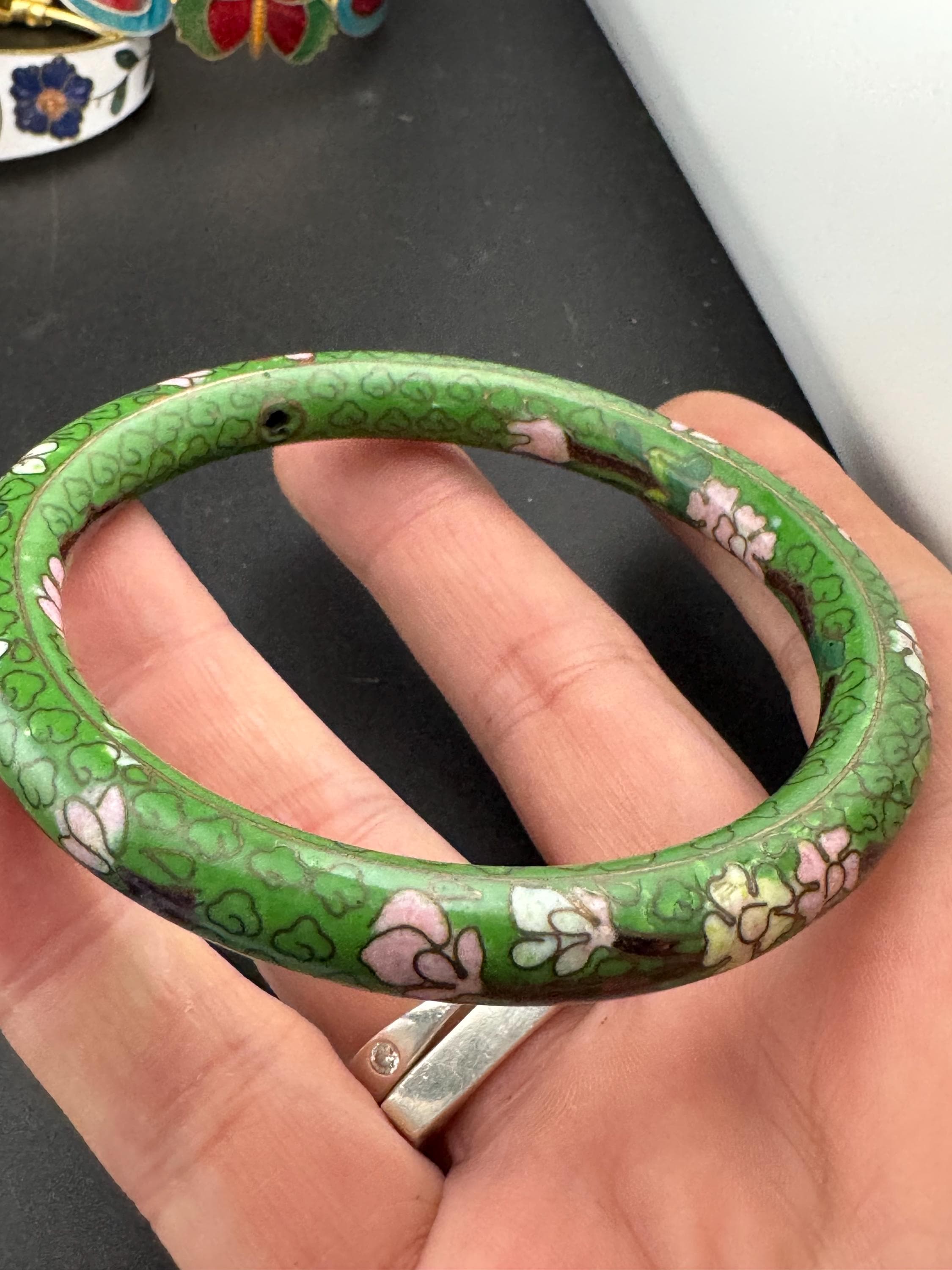 Vintage Green Cloisonné Enamel Bangle, pink flowers