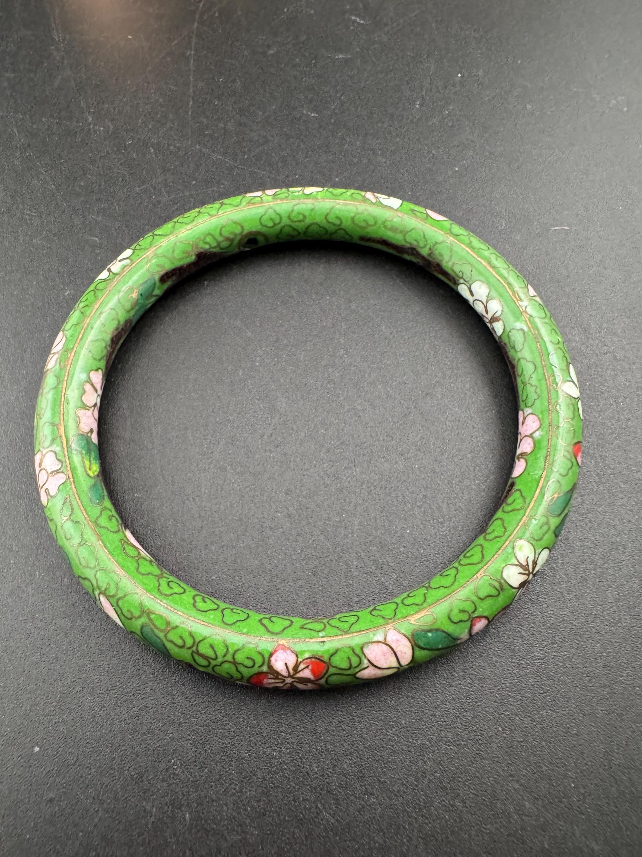 Vintage Green Cloisonné Enamel Bangle, pink flowers