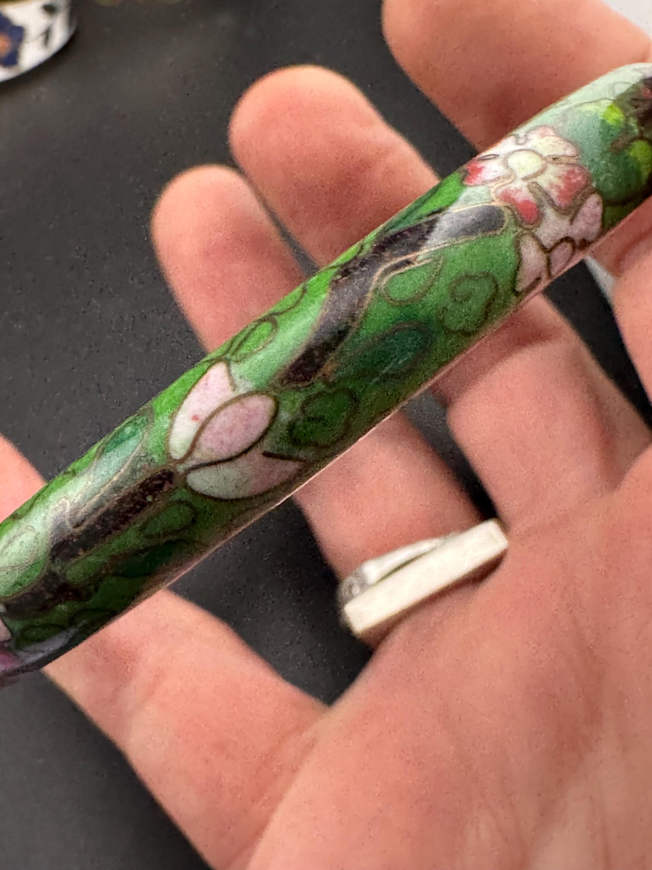 Vintage Green Cloisonné Enamel Bangle, pink flowers