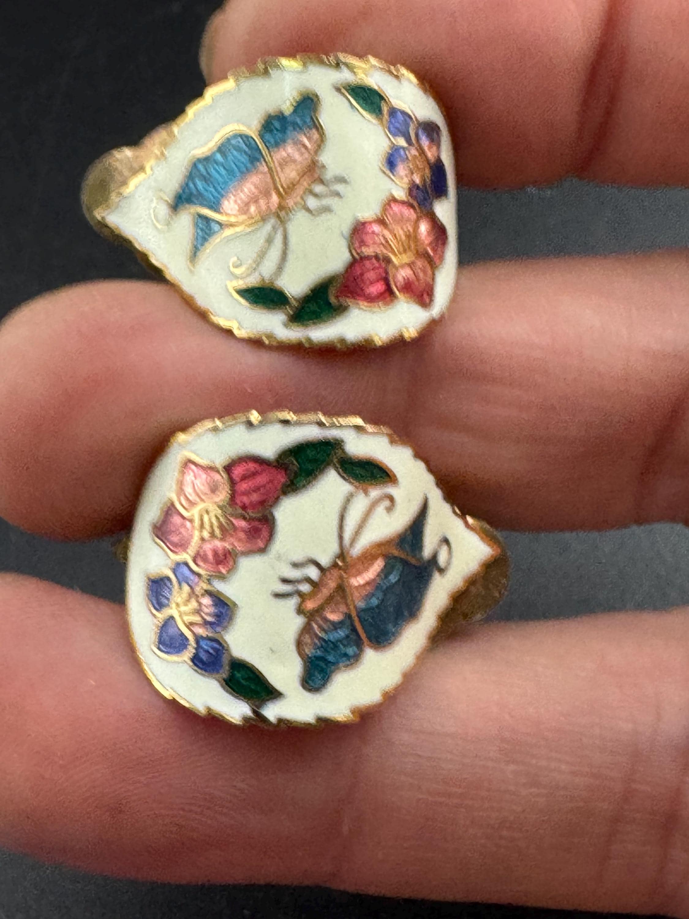 Vintage Cloisonné Enamel Clip On butterfly Earrings: Geometric Half Hoop, white Gold Tone