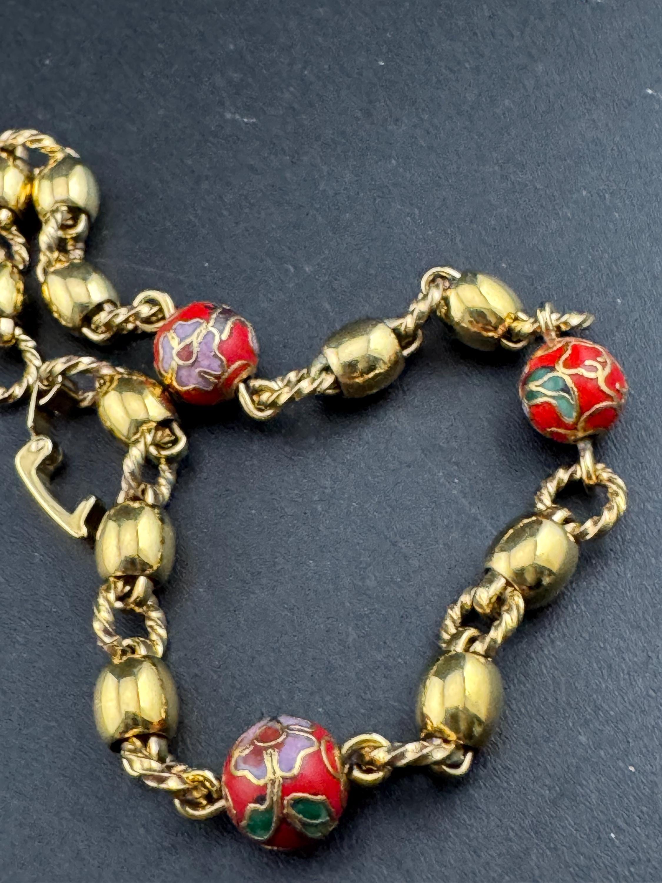 Red and gold cloisonné enamel beaded chain bracelet , vintage