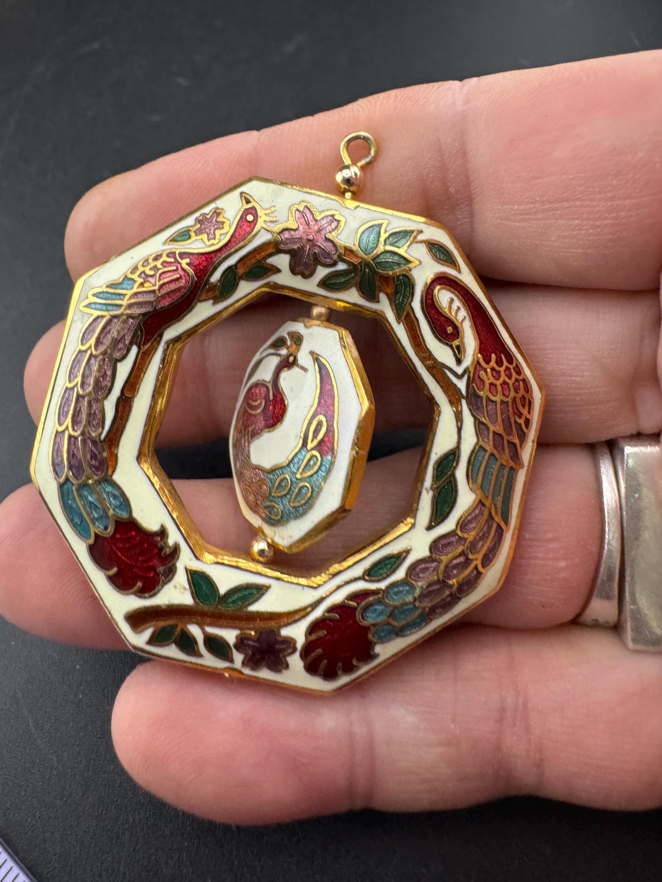 Chinese peacock cream cloisonné enamel spinner pendant , vintage