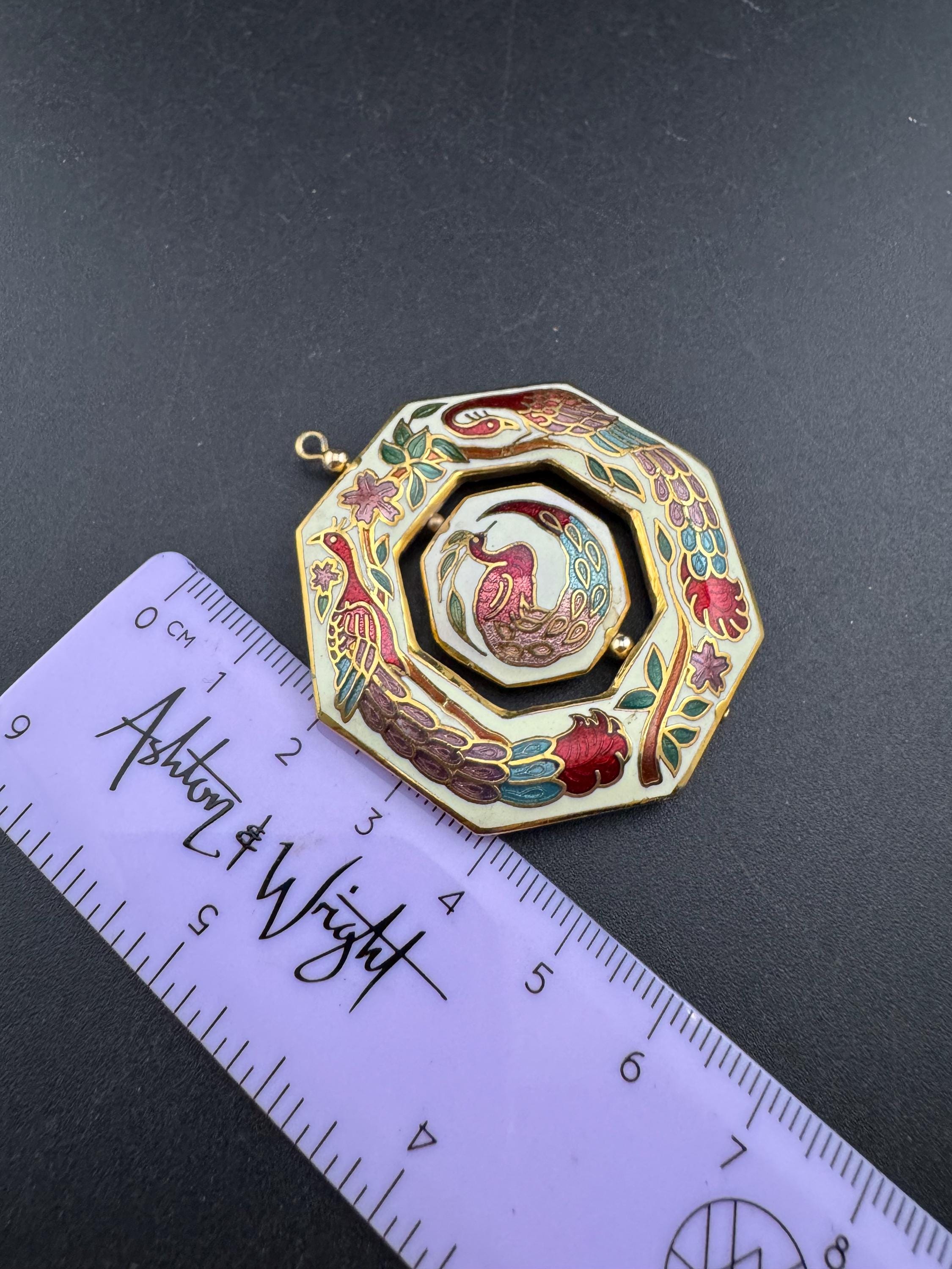 Chinese peacock cream cloisonné enamel spinner pendant , vintage