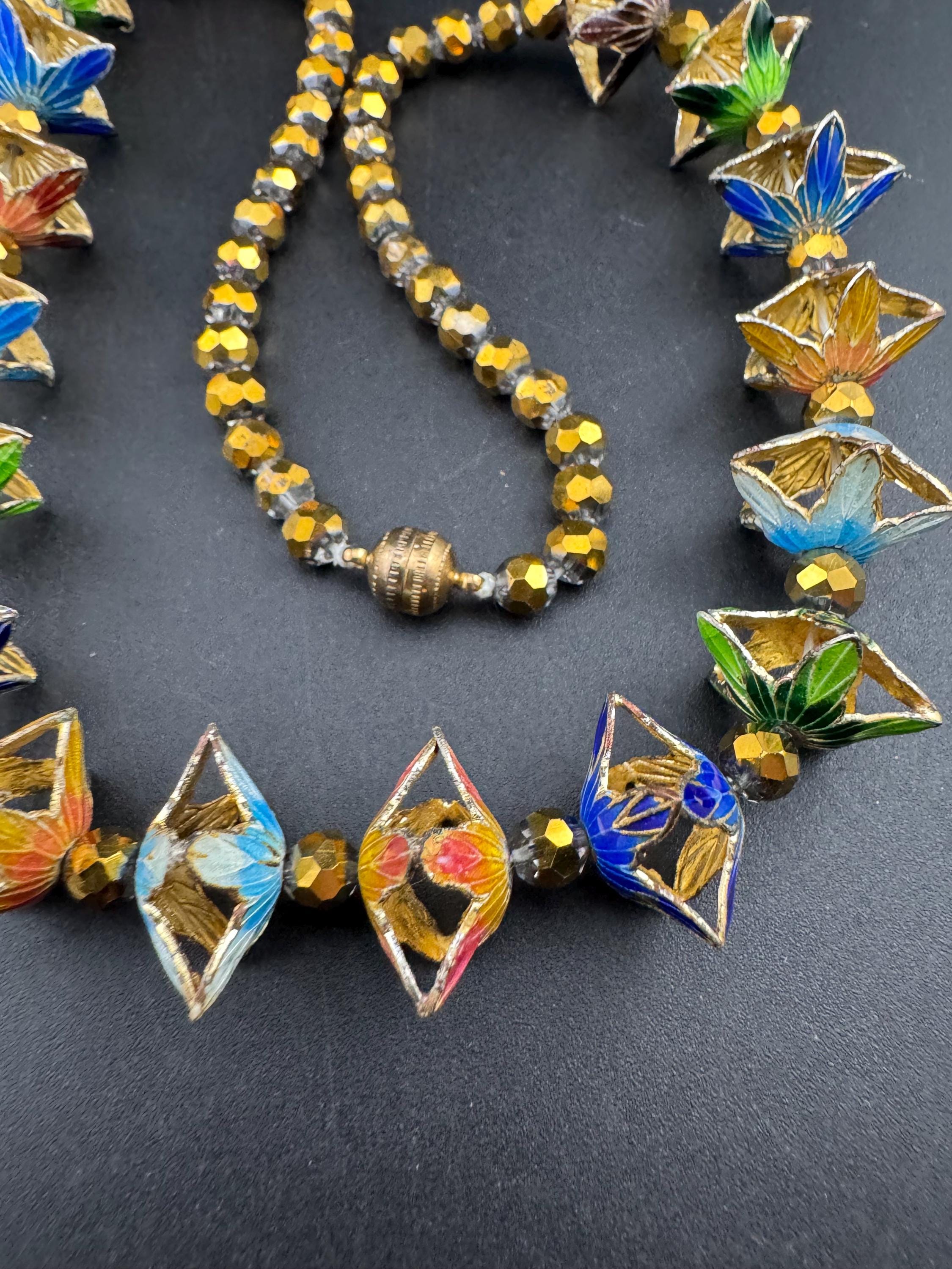 Vintage coloured Chinese cloisonné enamel floral beaded necklace, gold tone