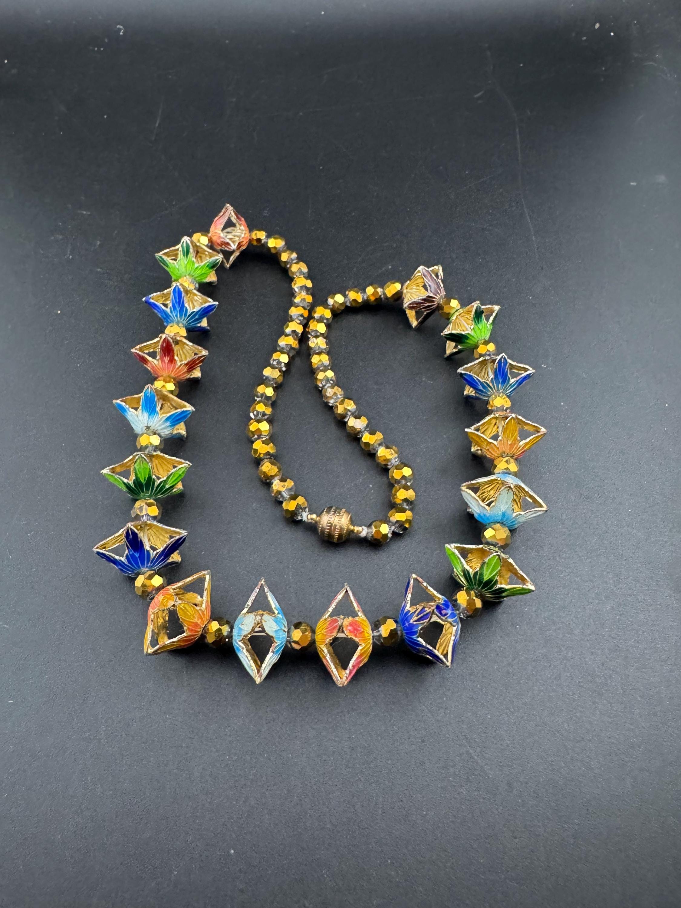 Vintage coloured Chinese cloisonné enamel floral beaded necklace, gold tone