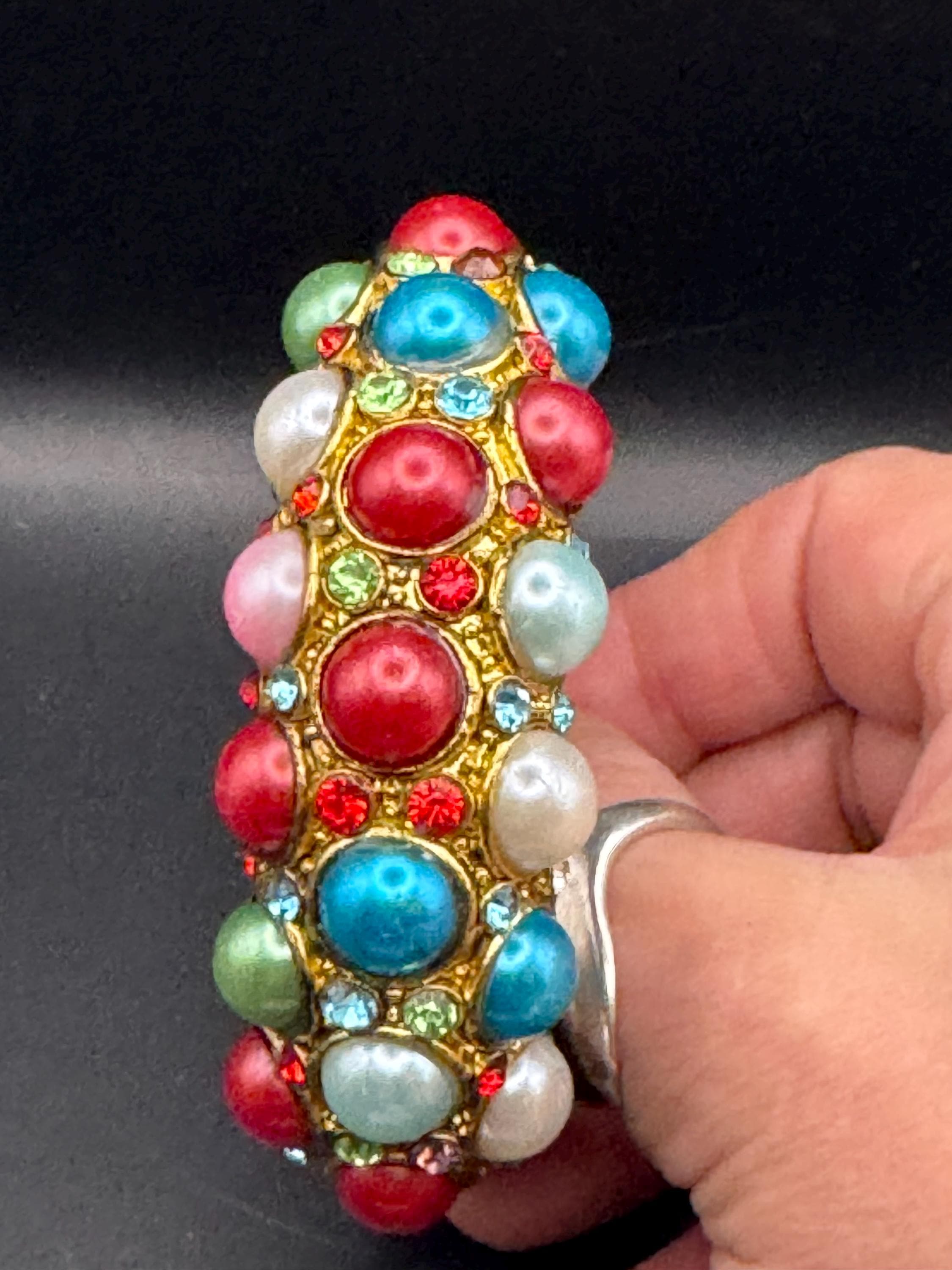 Retro pearl cabochon Clamper Bangle Bracelet. Green, Blue, Red & rhinestones